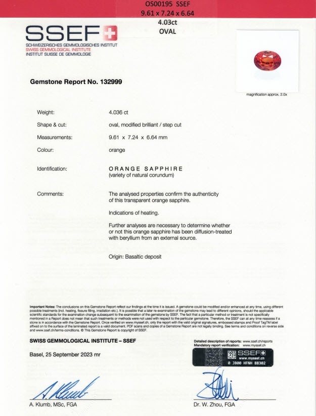 4.03 Ct. Orange Sapphire from Ceylon (Sri Lanka)