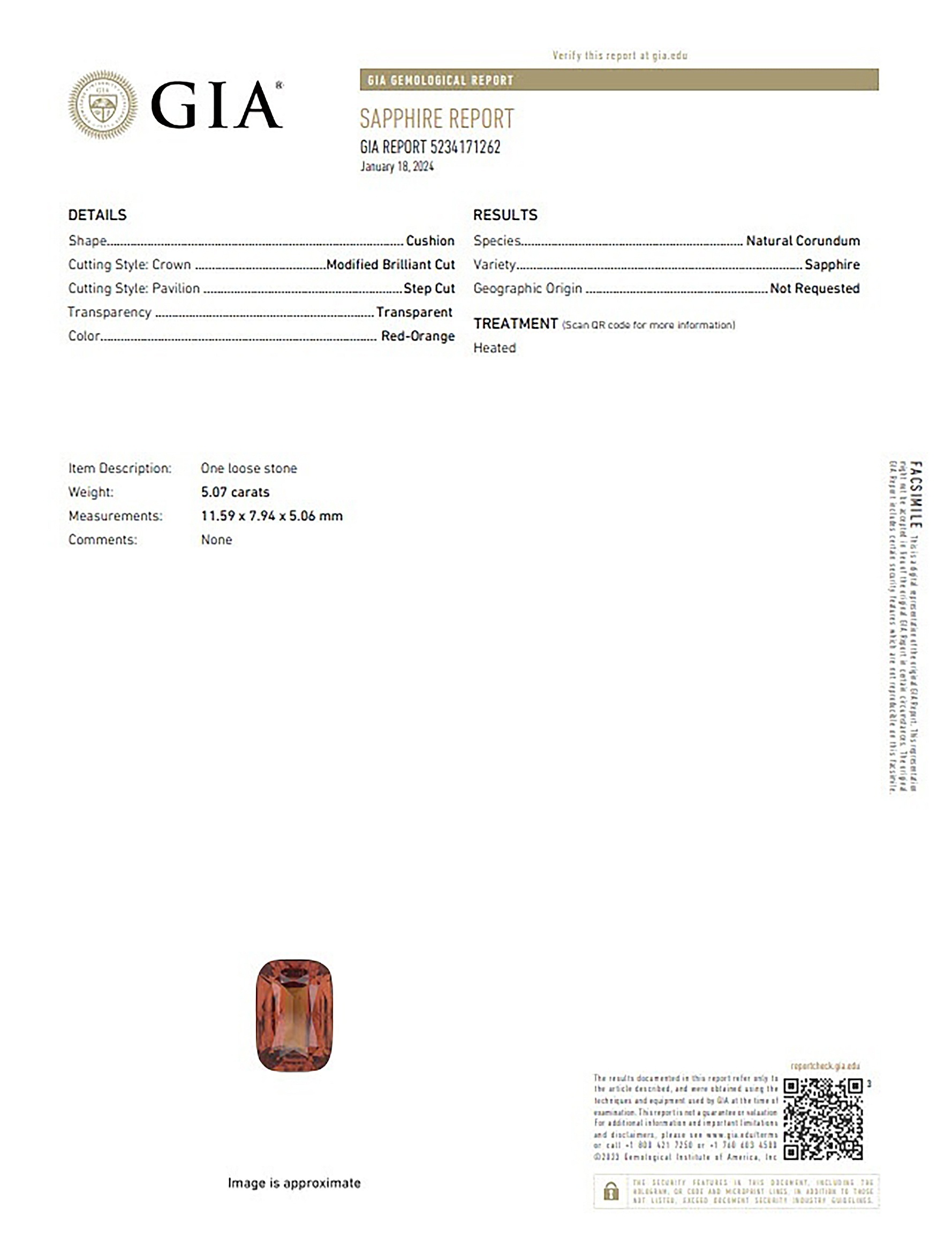 5.07 Ct. Reddish Orange Sapphire from Ceylon (Sri Lanka)