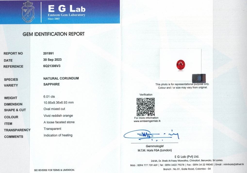 6.01 Ct. Orange Sapphire from Ceylon (Sri Lanka)