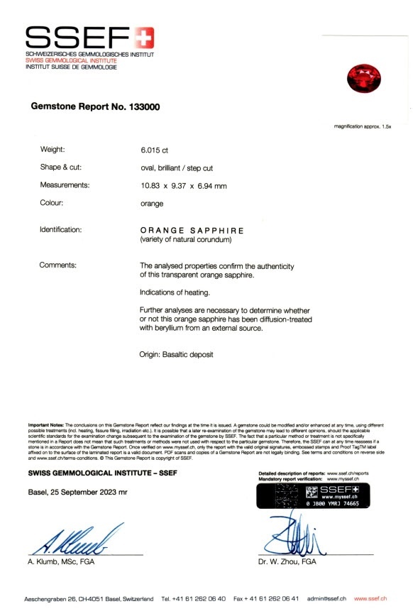 6.01 Ct. Orange Sapphire from Ceylon (Sri Lanka)