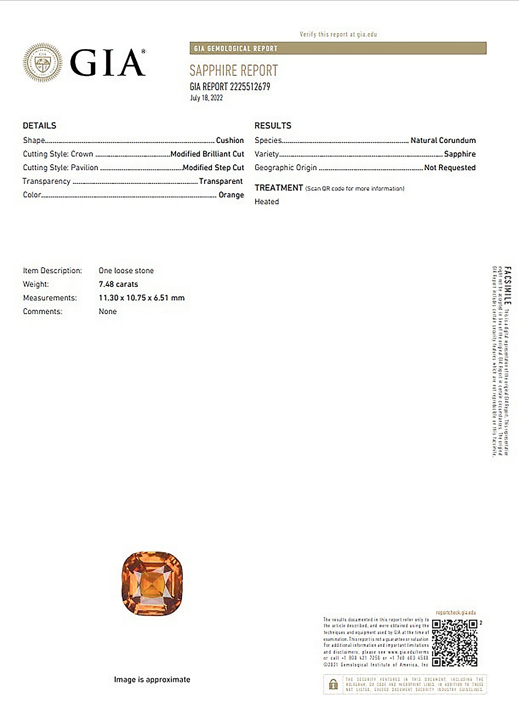 7.48 Ct. Orange Sapphire from Ceylon (Sri Lanka)