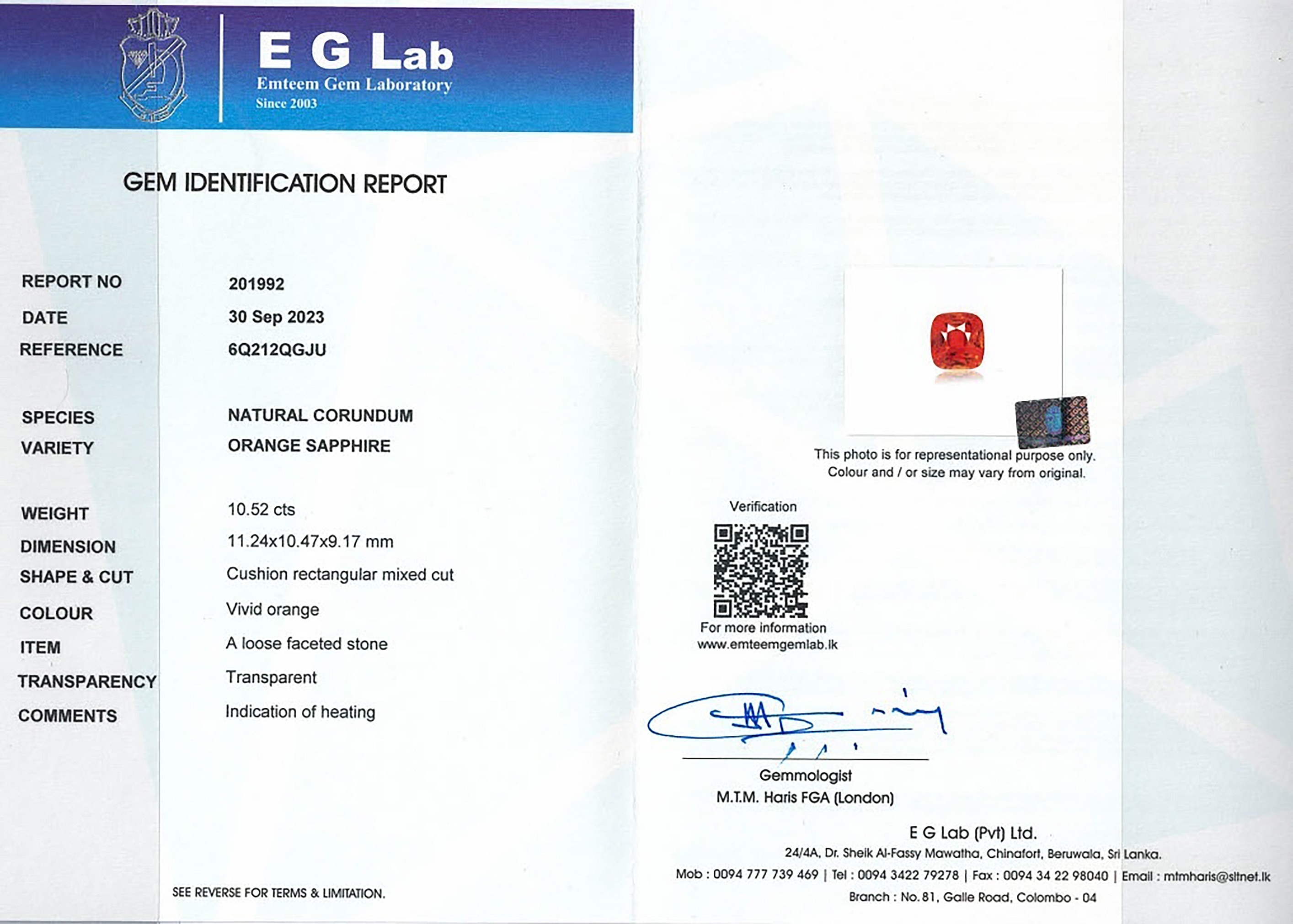 10.52 Ct. Orange Sapphire from Ceylon (Sri Lanka)