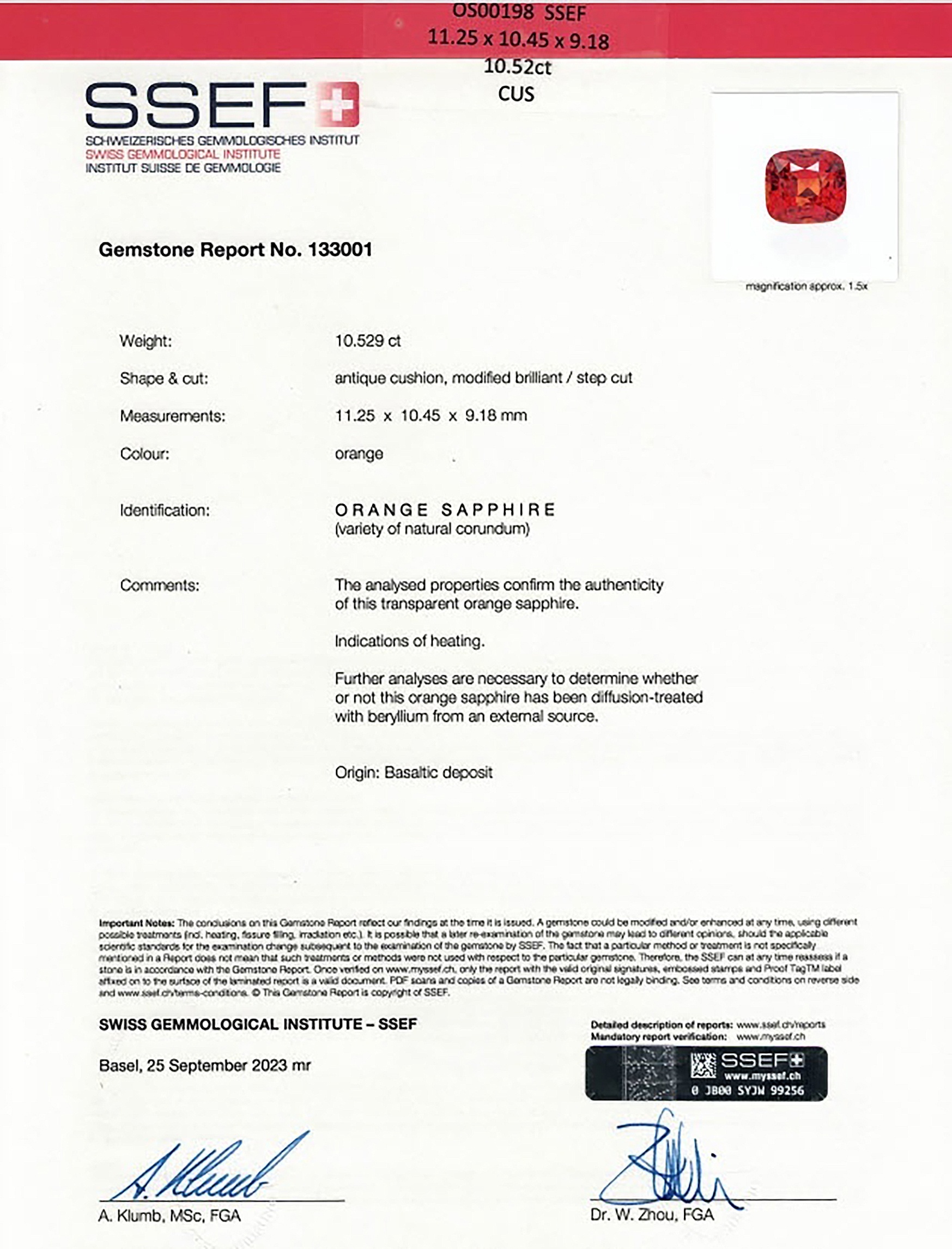 10.52 Ct. Orange Sapphire from Ceylon (Sri Lanka)