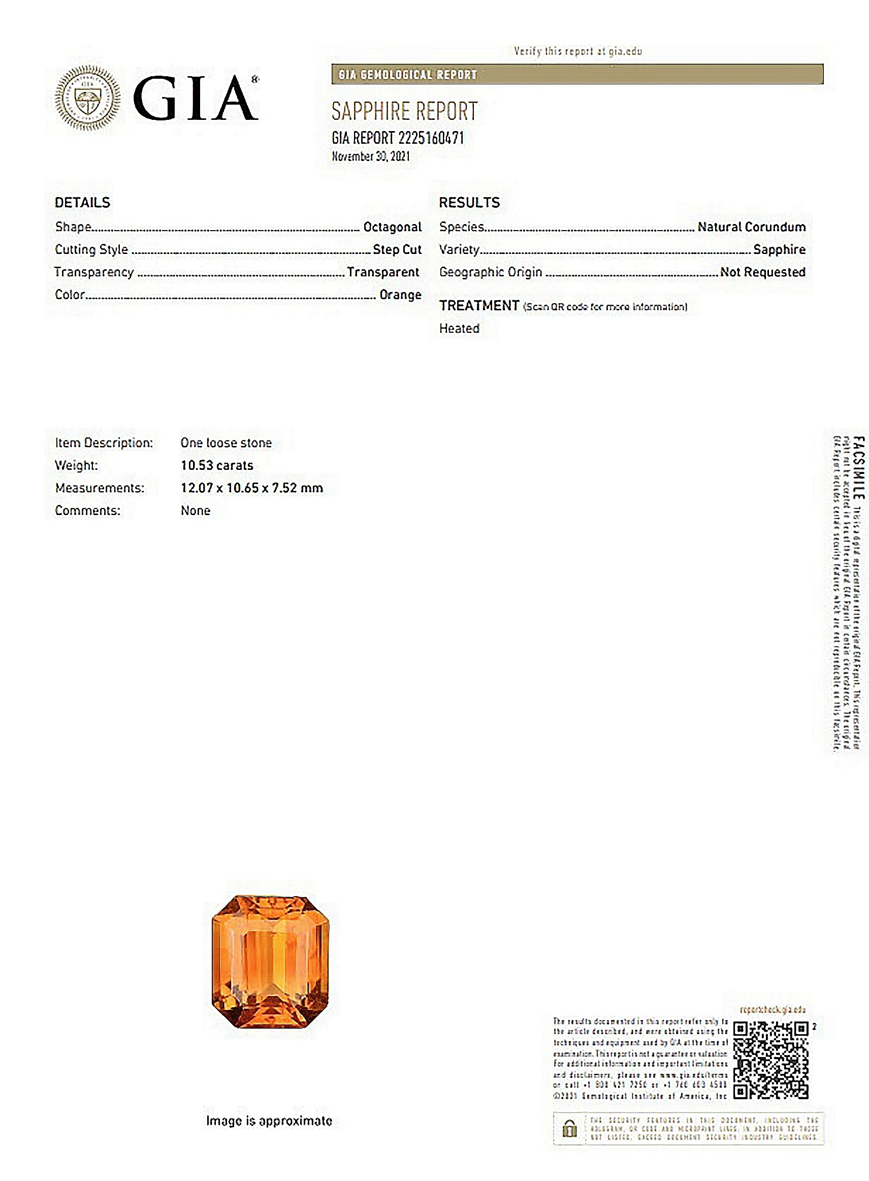 10.53 Ct. Orange Sapphire from Ceylon (Sri Lanka)