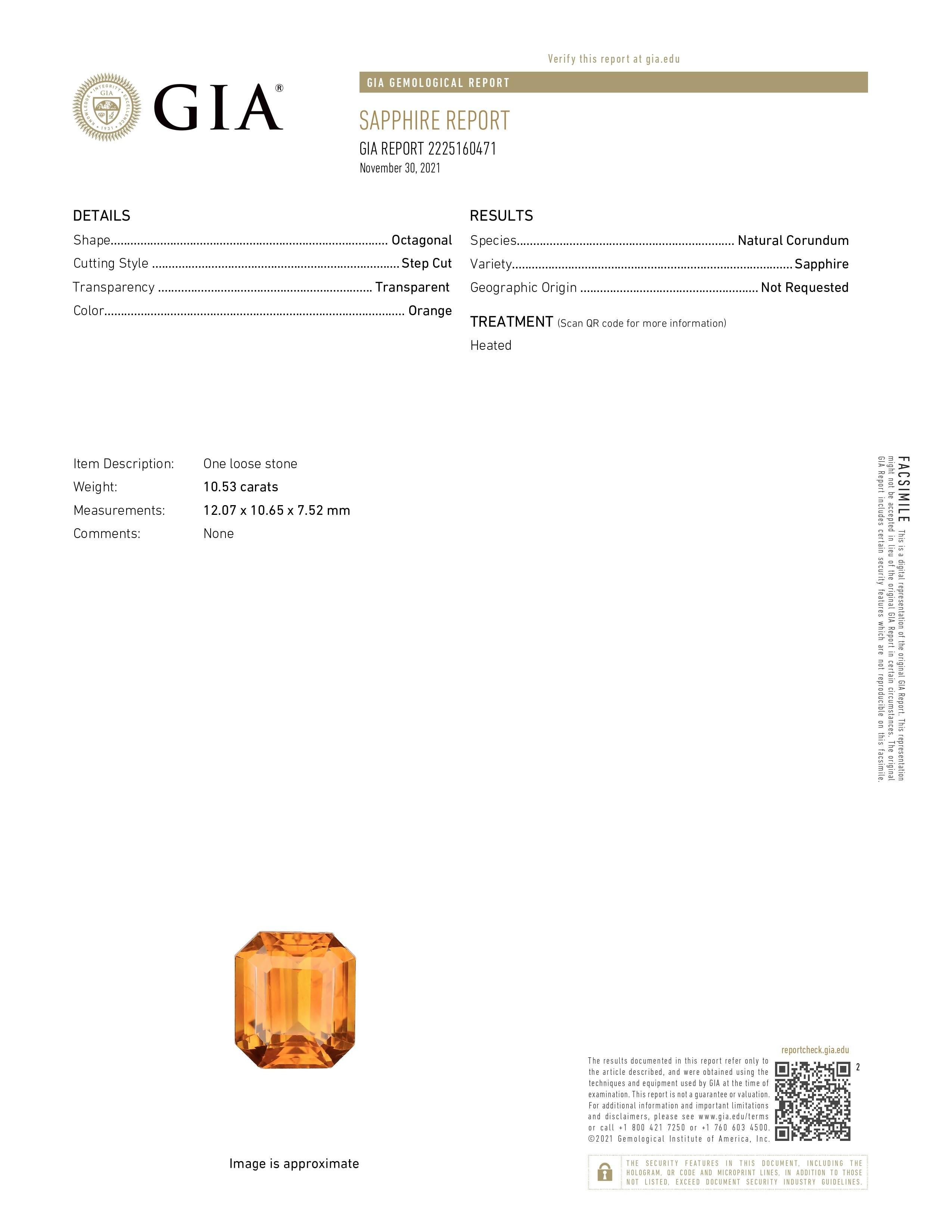10.53 Ct. Orange Sapphire from Ceylon (Sri Lanka)