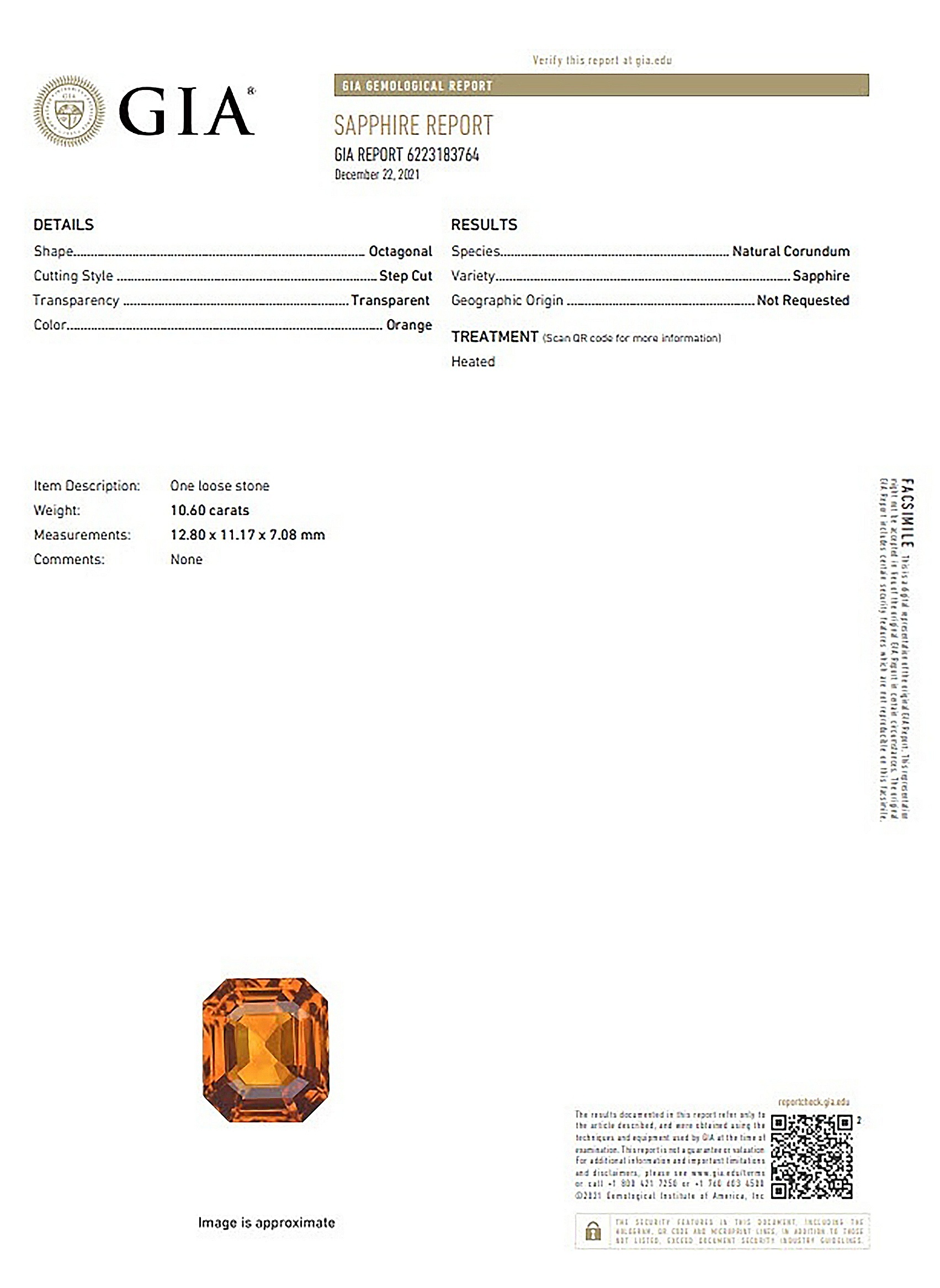 10.60 Ct. Orange Sapphire from Ceylon (Sri Lanka)