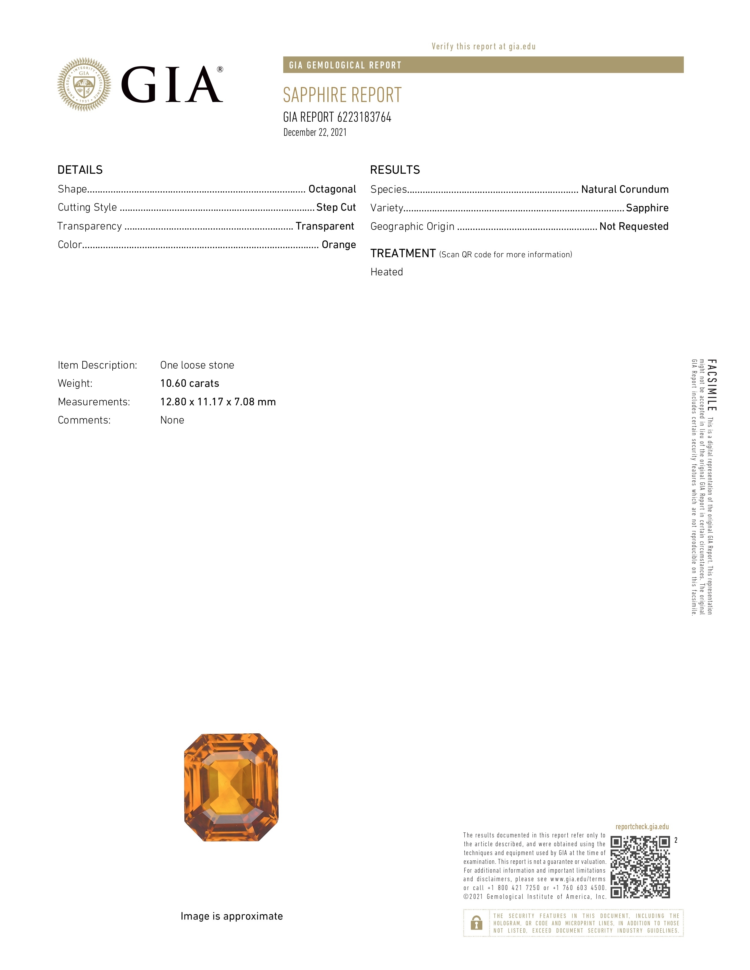 10.60 Ct. Orange Sapphire from Ceylon (Sri Lanka)