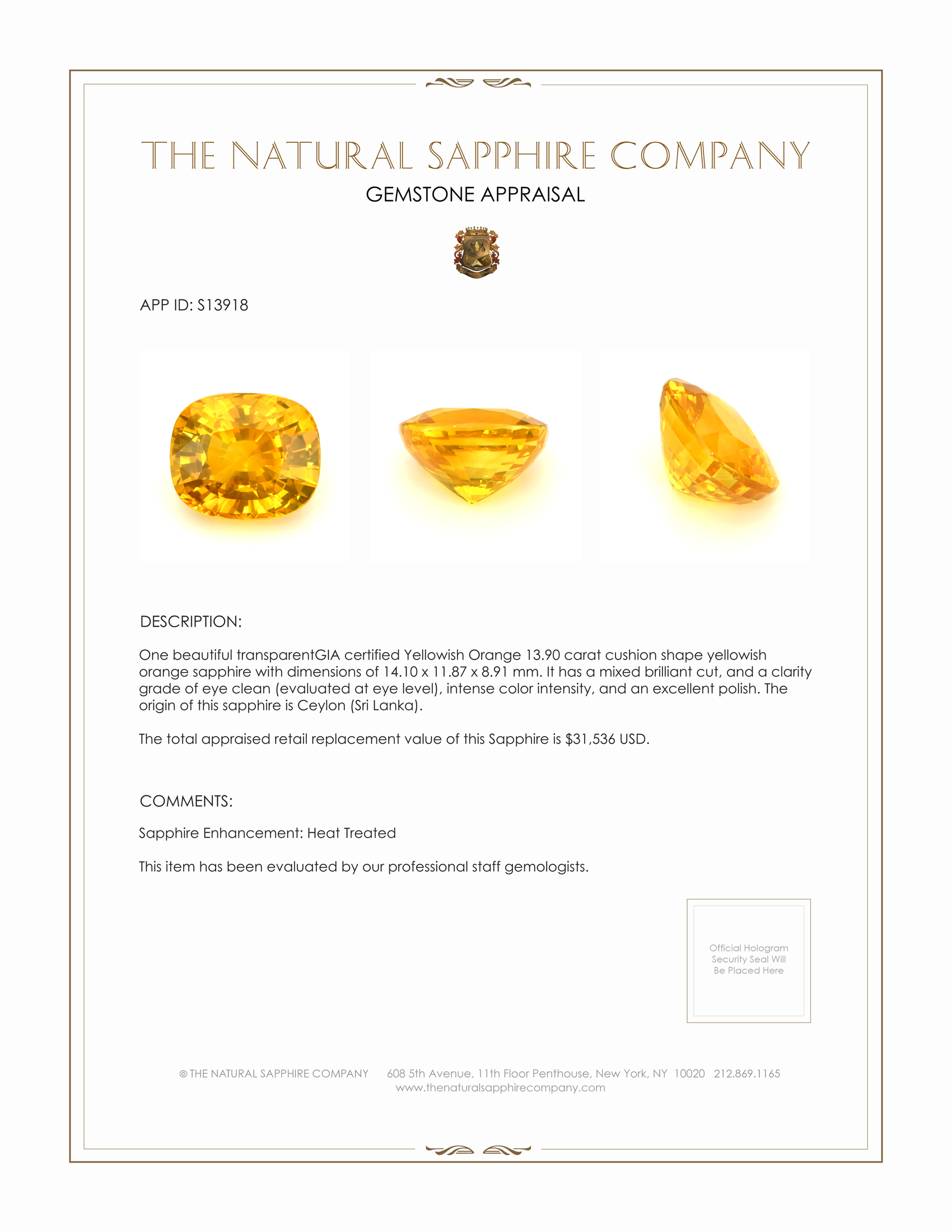 13.90 Ct. Yellowish Orange Sapphire from Ceylon (Sri Lanka)