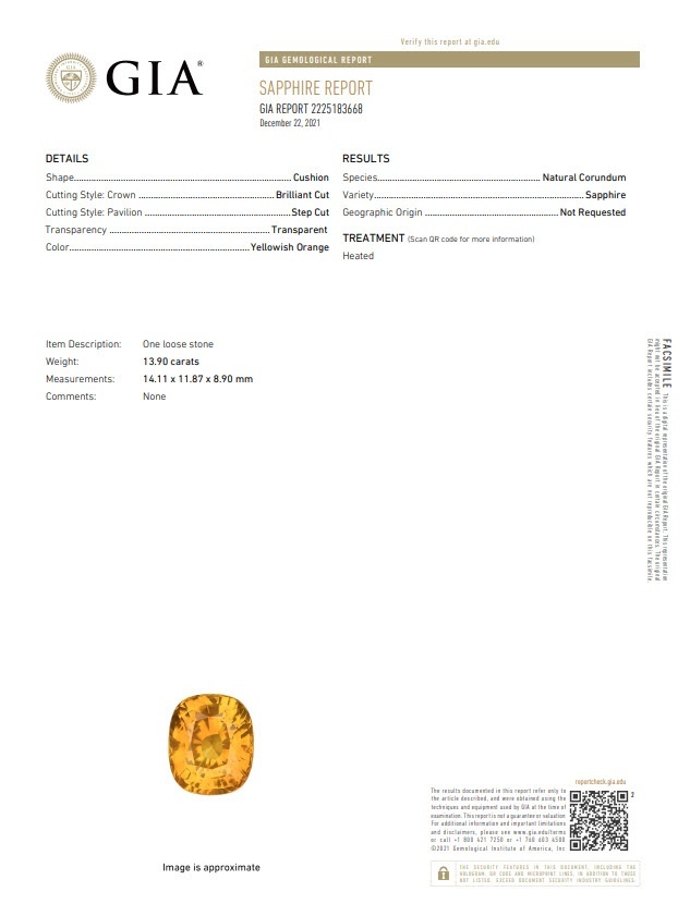 13.90 Ct. Yellowish Orange Sapphire from Ceylon (Sri Lanka)