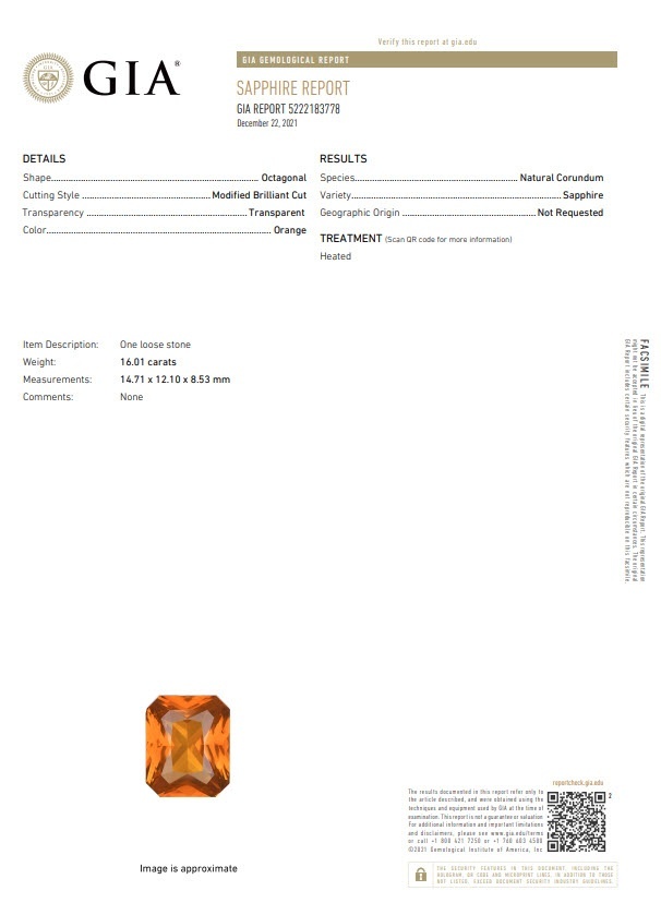 16.01 Ct. Orange Sapphire from Ceylon (Sri Lanka)