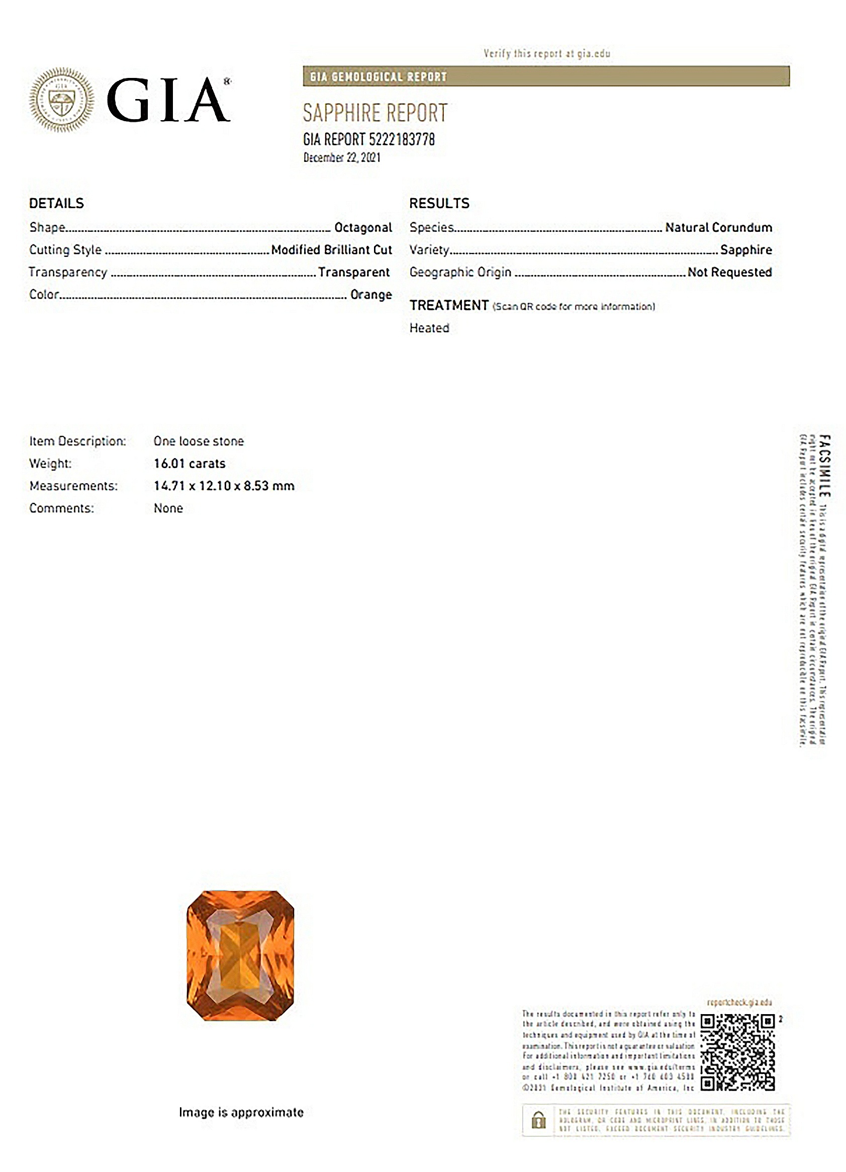 16.01 Ct. Orange Sapphire from Ceylon (Sri Lanka)