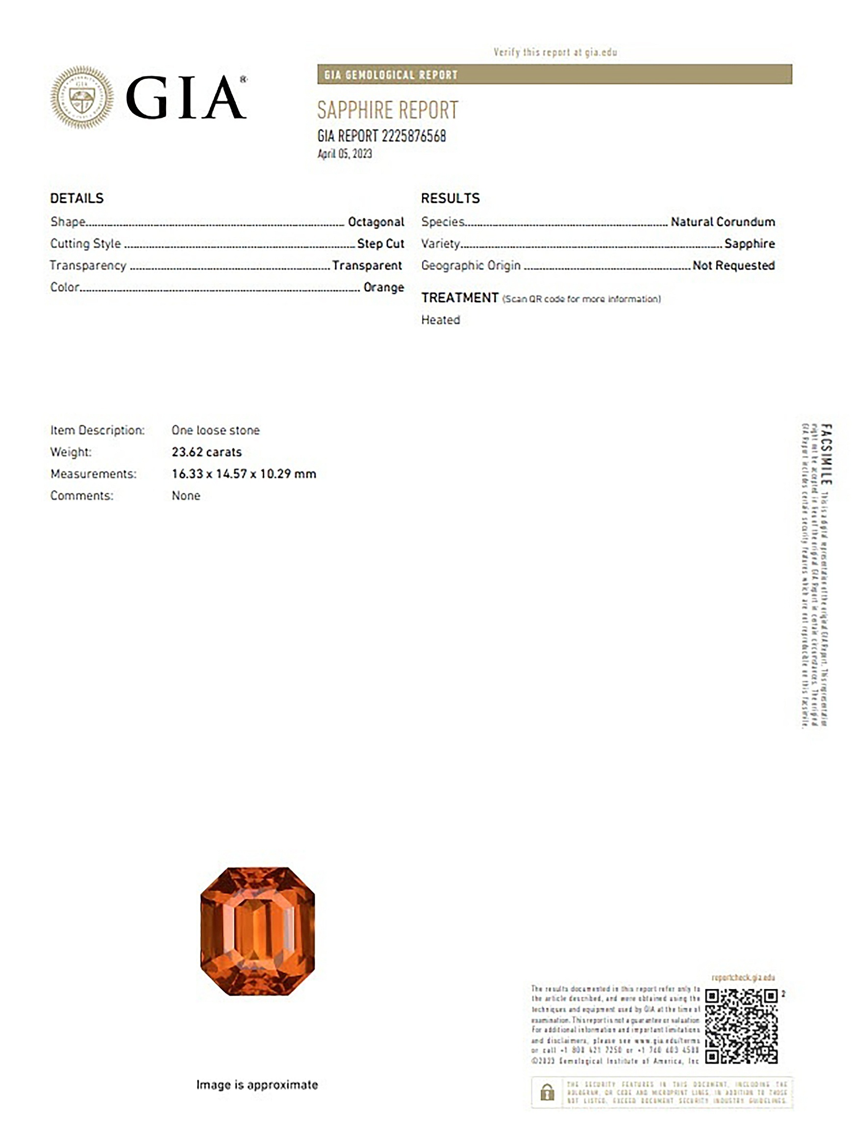 23.62 Ct. Orange Sapphire from Ceylon (Sri Lanka)