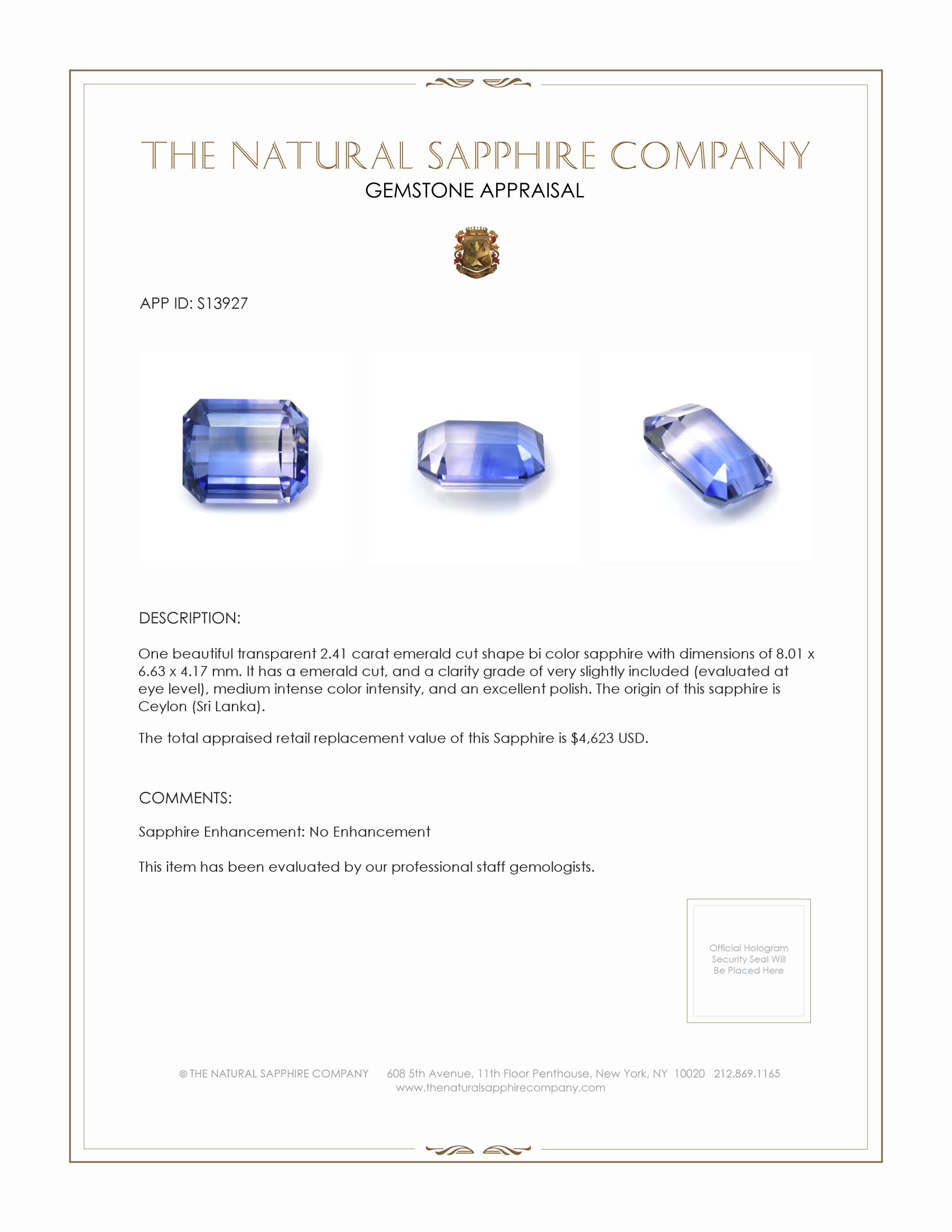 2.41 Ct. Bi Color Sapphire from Ceylon (Sri Lanka)