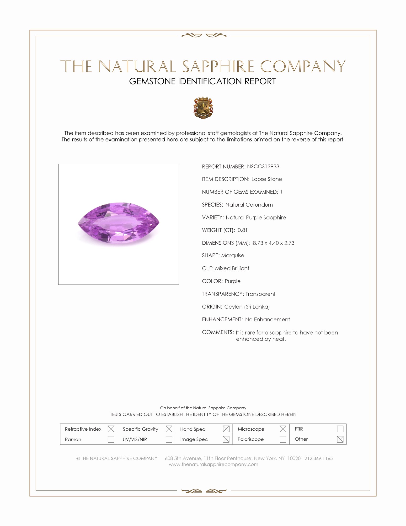 0.81 Ct. Purple Sapphire from Ceylon (Sri Lanka)