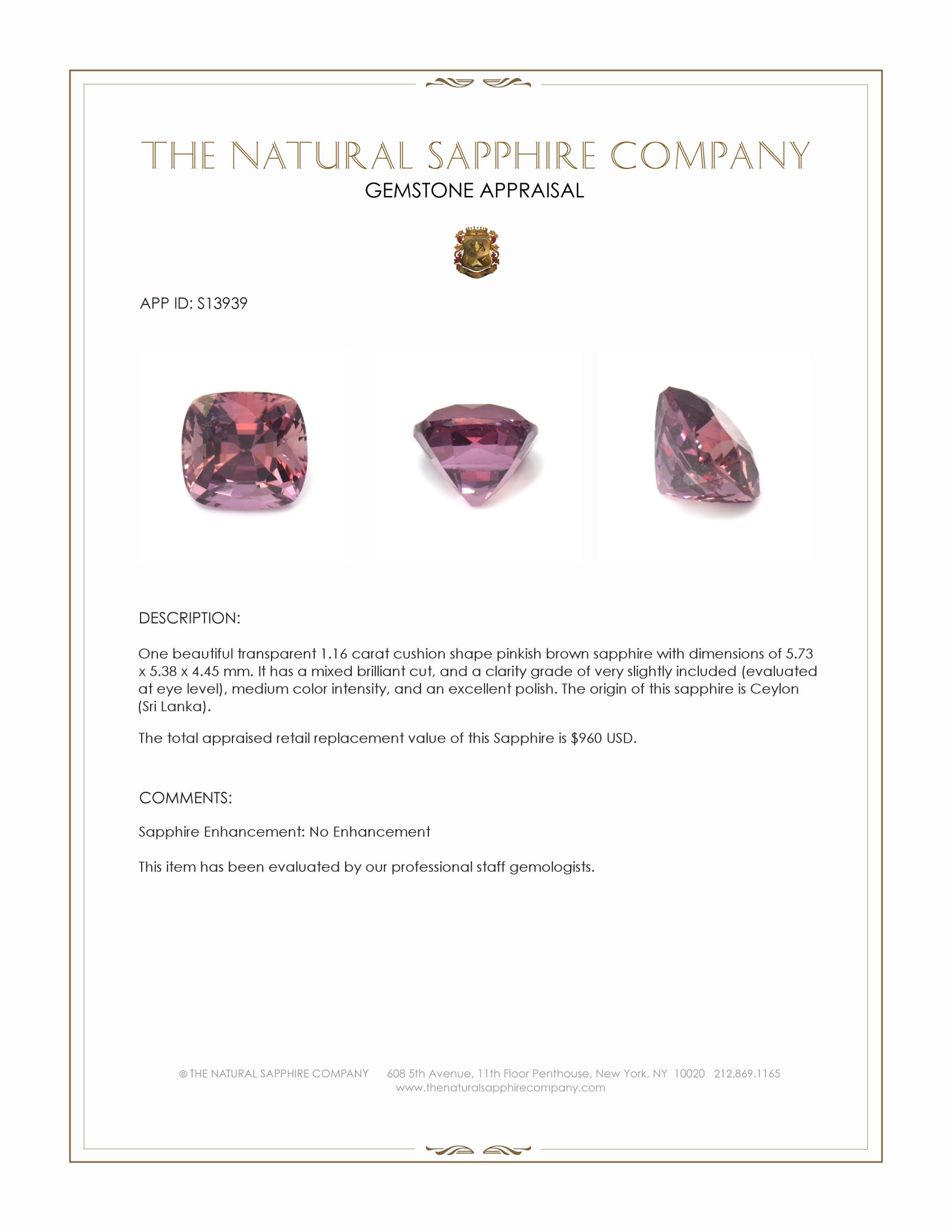 1.16 Ct. Pinkish Brown Sapphire from Ceylon (Sri Lanka)