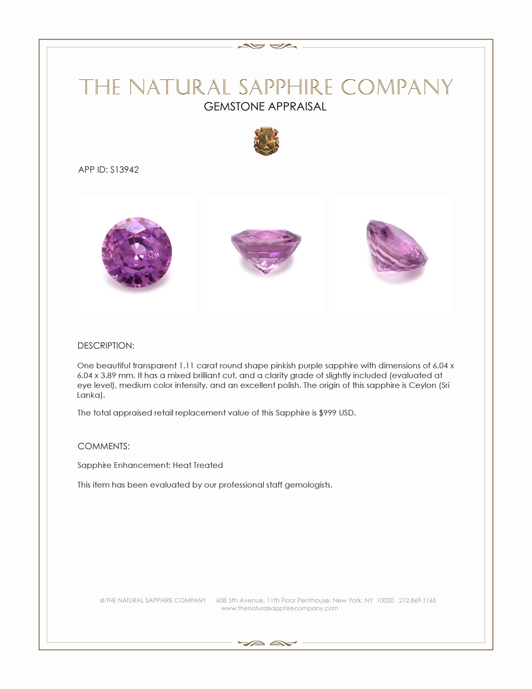 1.11 Ct. Pinkish Purple Sapphire from Ceylon (Sri Lanka)