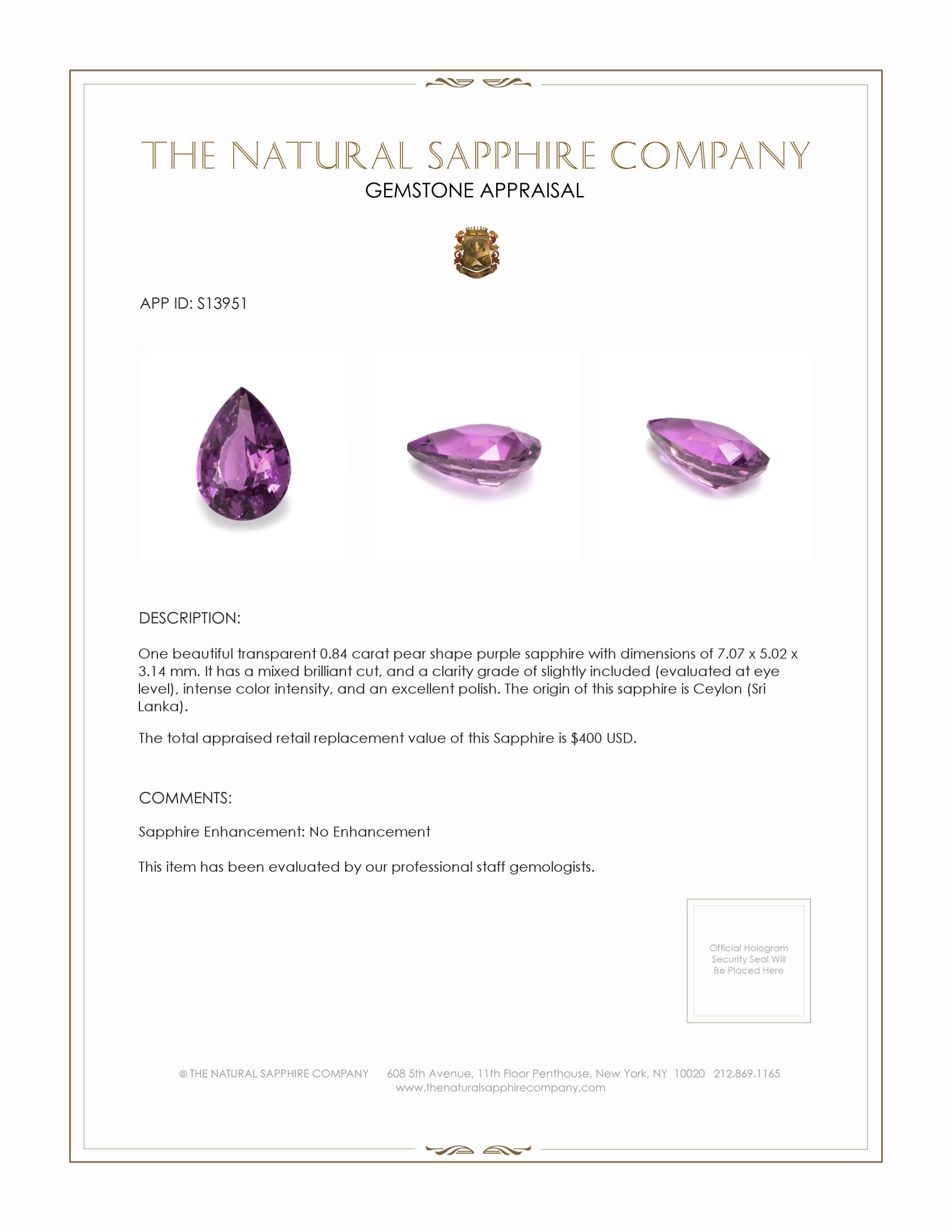 0.84 Ct. Purple Sapphire from Ceylon (Sri Lanka)