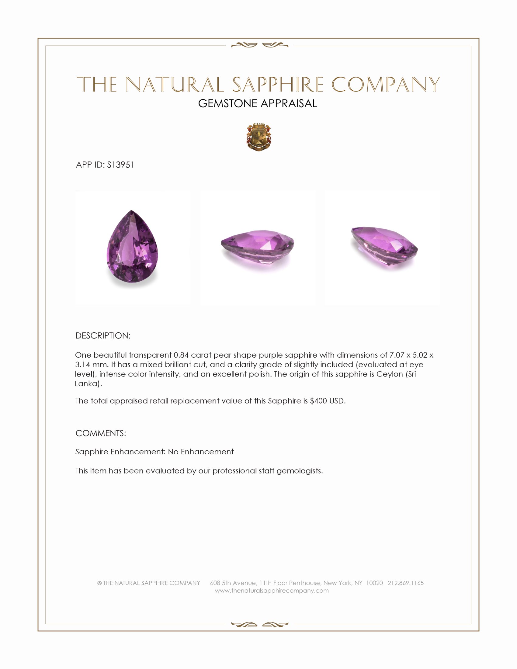 0.84 Ct. Purple Sapphire from Ceylon (Sri Lanka)