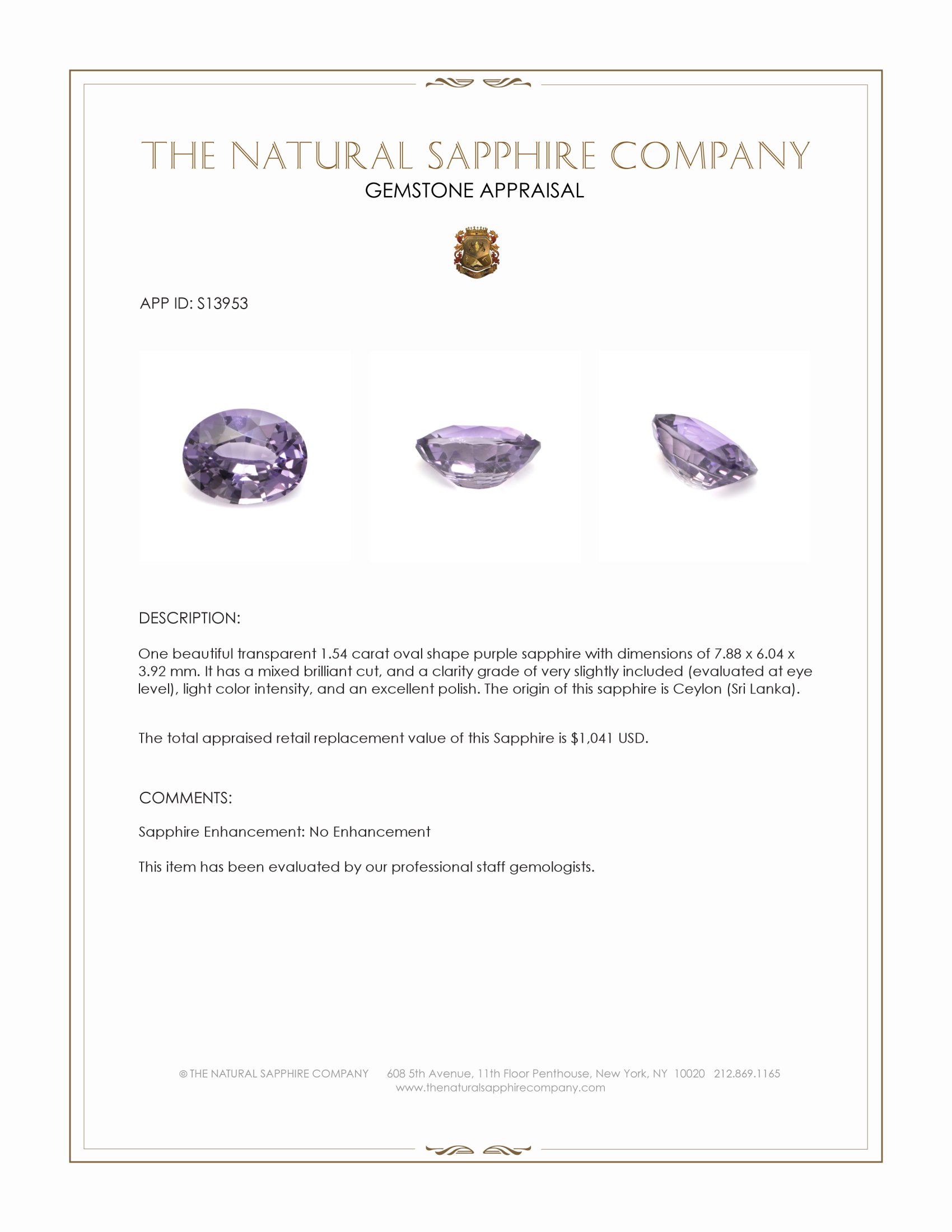 1.54 Ct. Purple Sapphire from Ceylon (Sri Lanka)