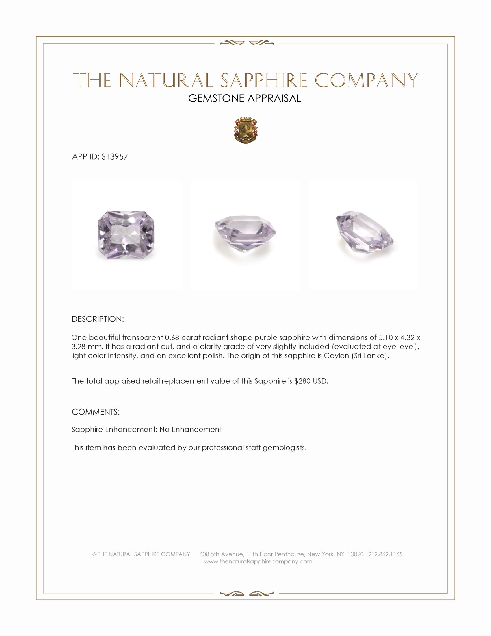 0.68 Ct. Purple Sapphire from Ceylon (Sri Lanka)