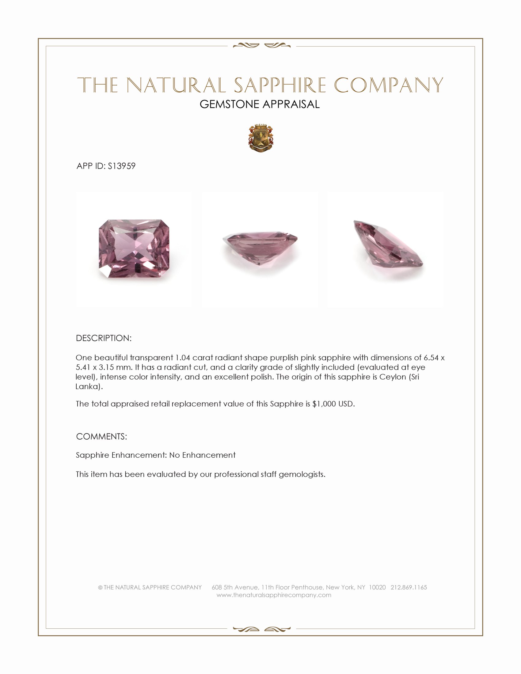 1.04 Ct. Purplish Pink Sapphire from Ceylon (Sri Lanka)