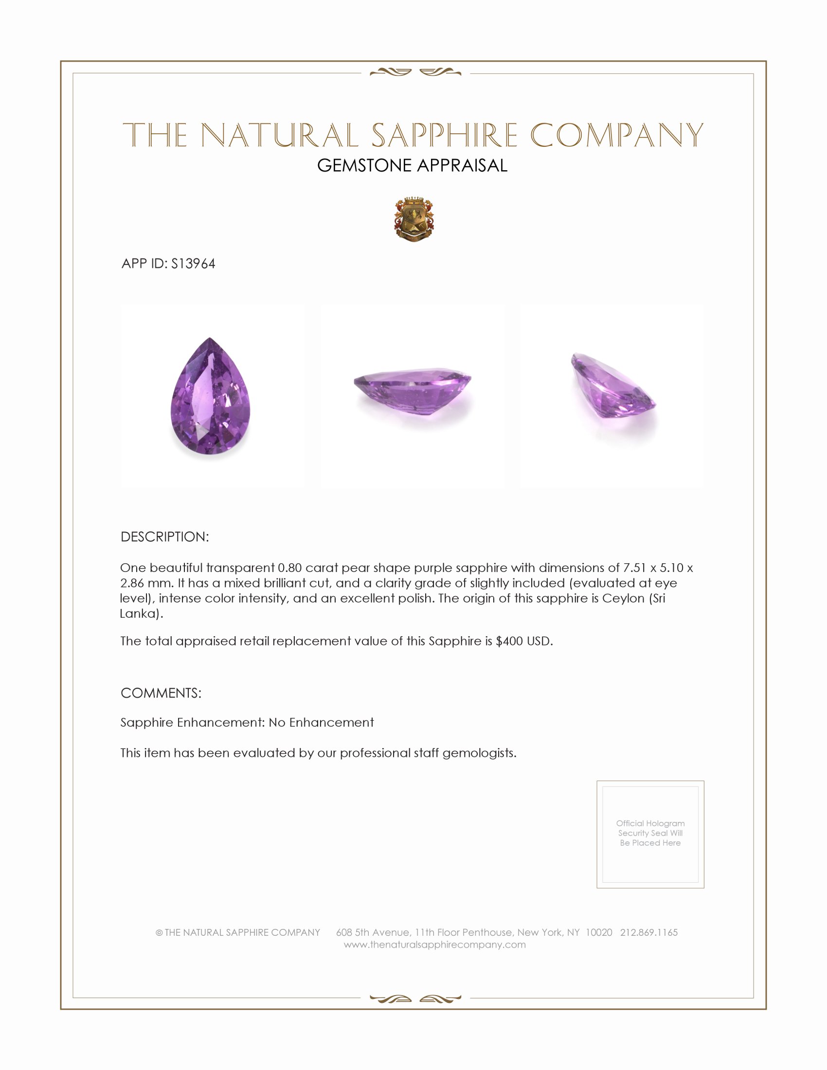 0.80 Ct. Purple Sapphire from Ceylon (Sri Lanka)