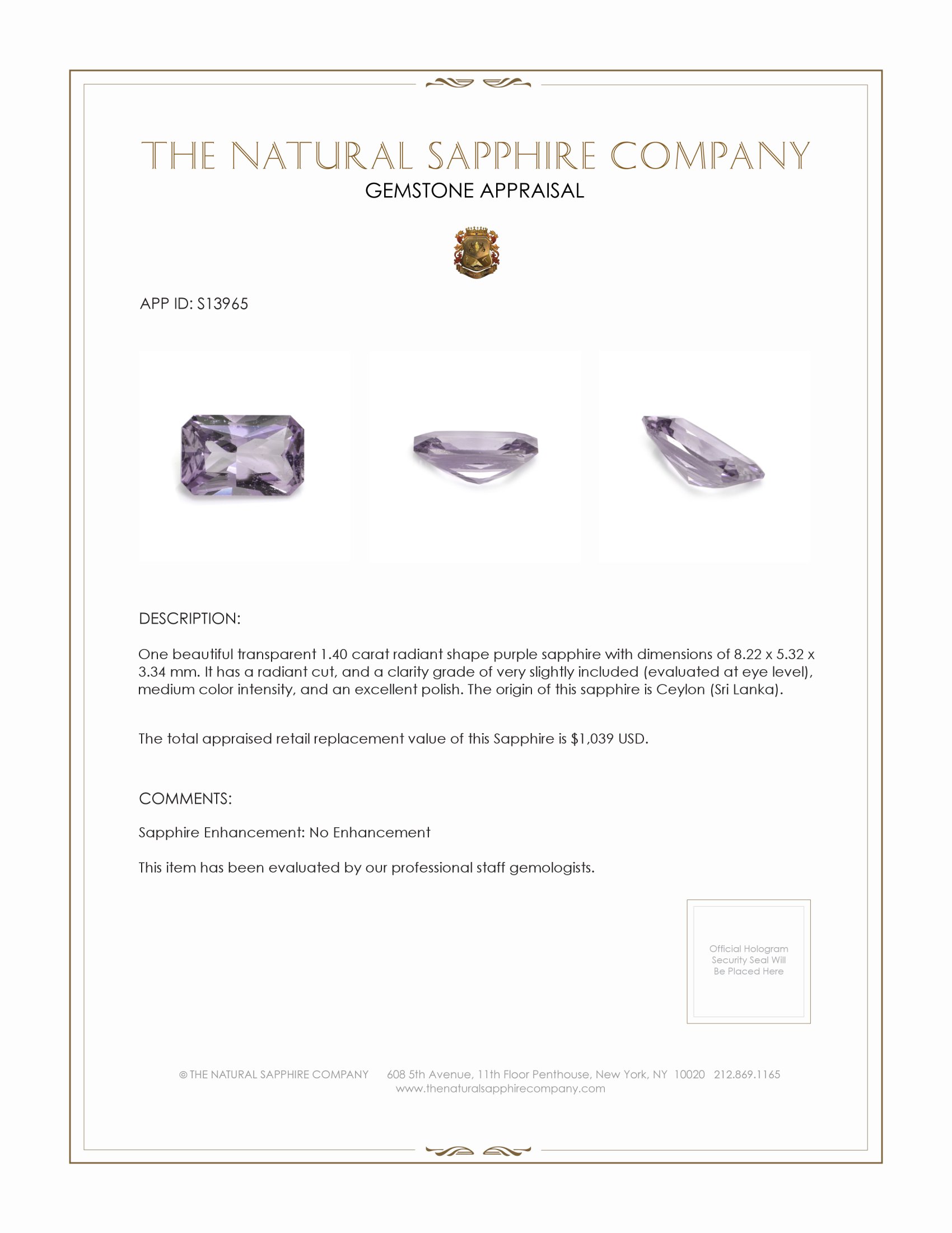 1.40 Ct. Purple Sapphire from Ceylon (Sri Lanka)