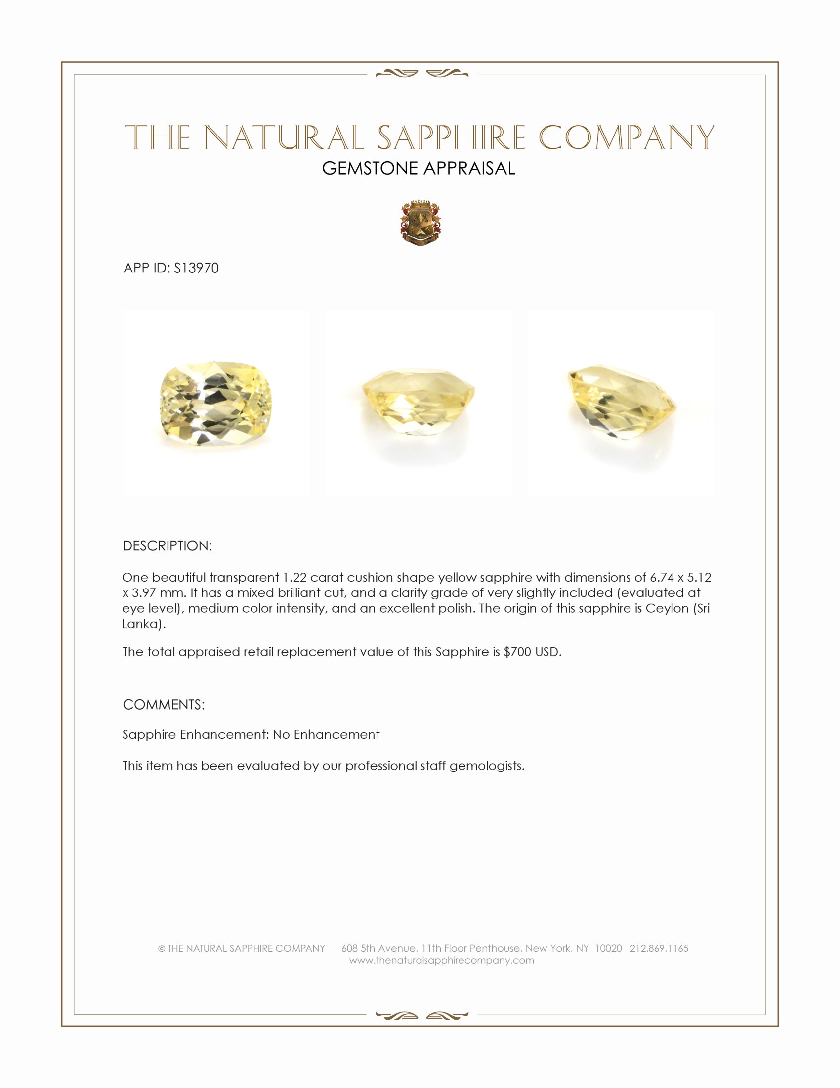 1.22 Ct. Yellow Sapphire from Ceylon (Sri Lanka)