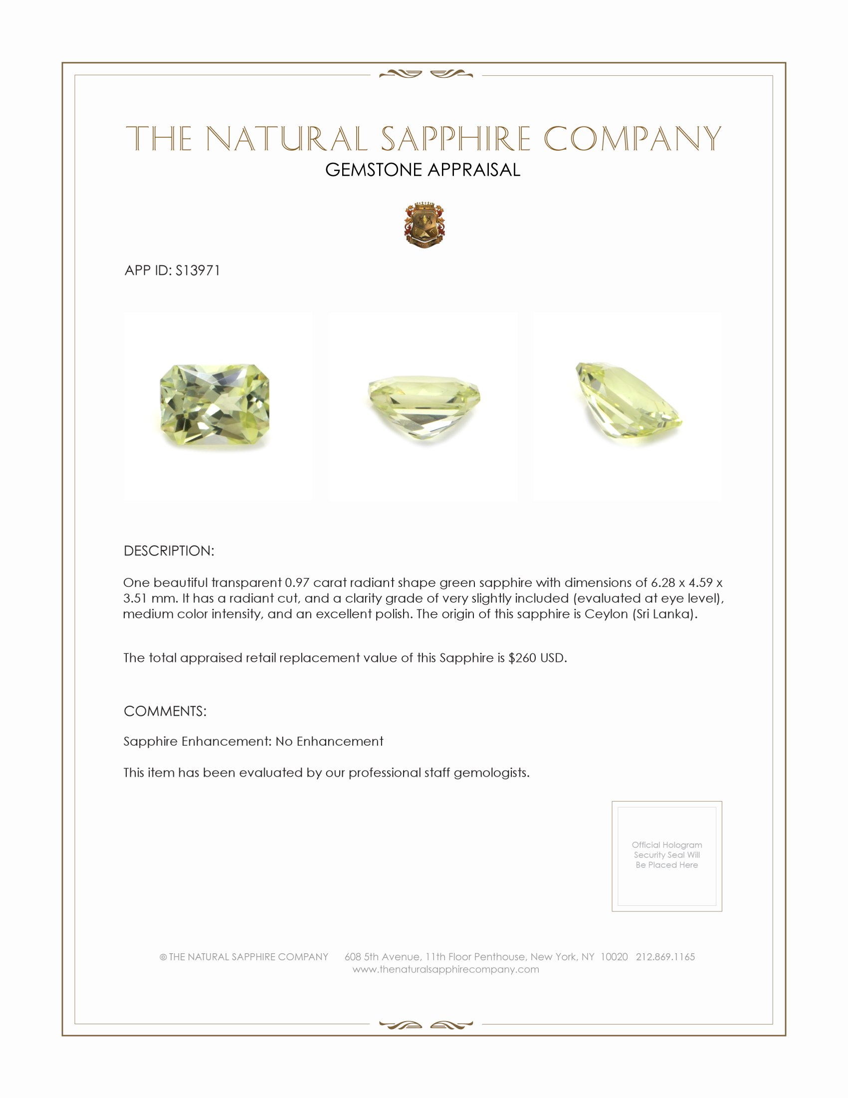 0.97 Ct. Green Sapphire from Ceylon (Sri Lanka)