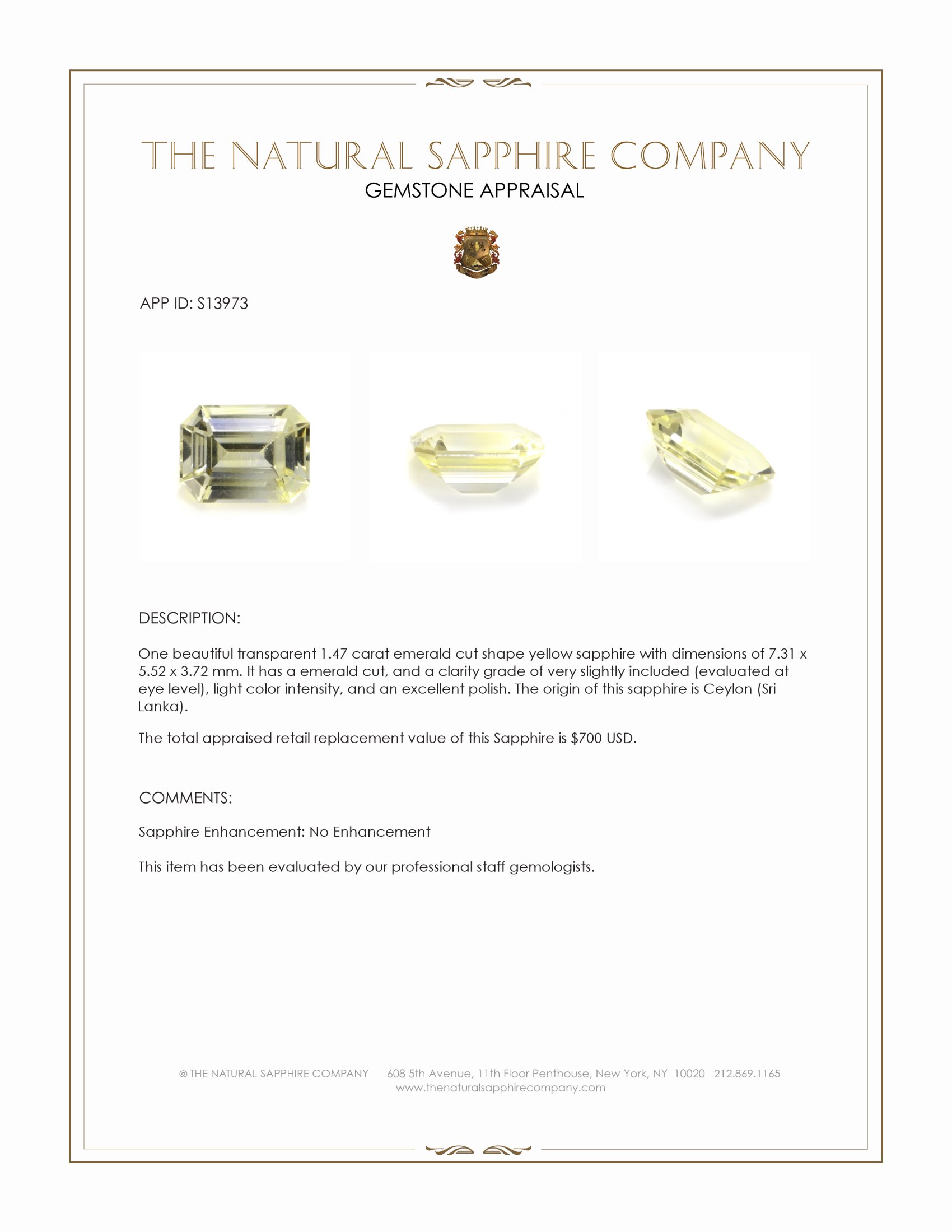 1.47 Ct. Yellow Sapphire from Ceylon (Sri Lanka)