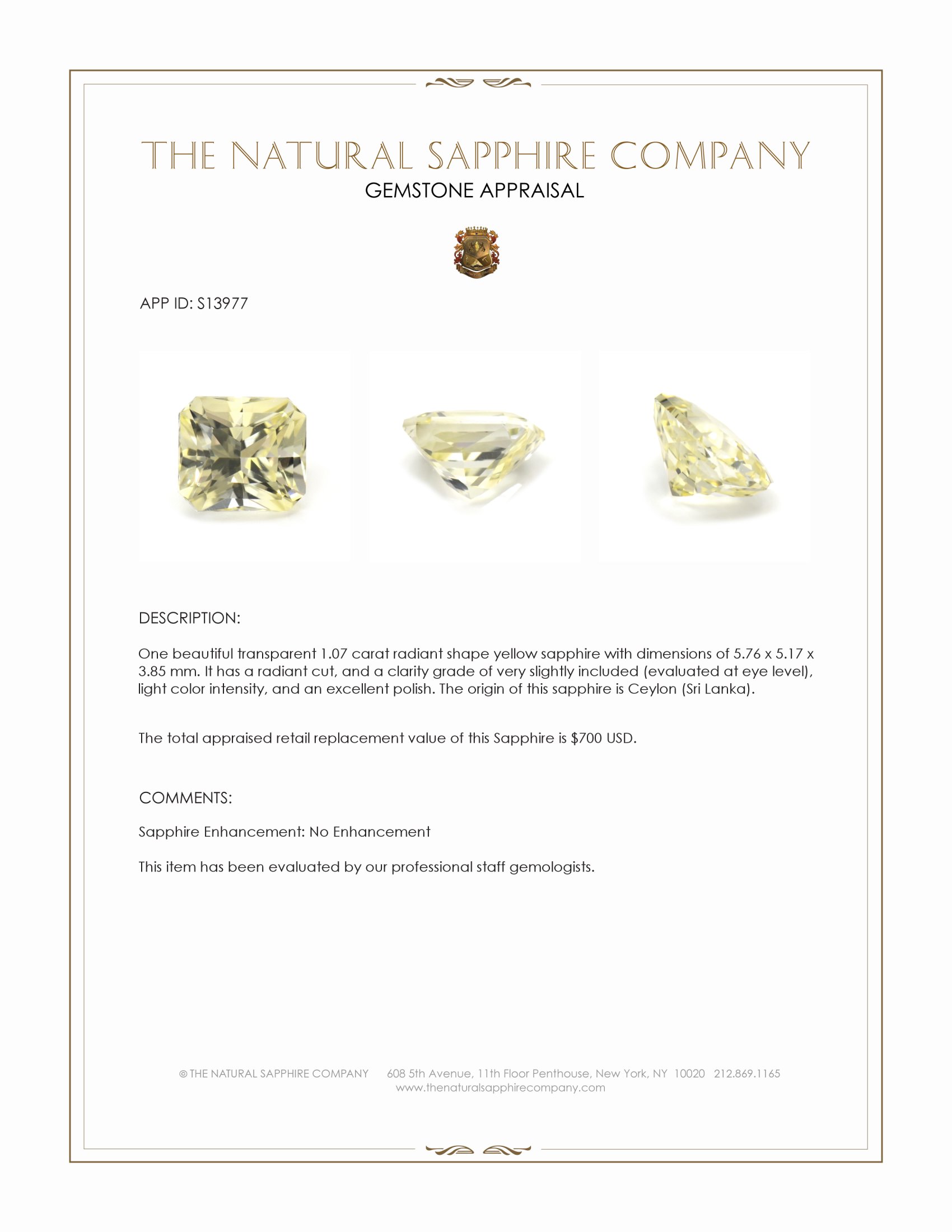 1.07 Ct. Yellow Sapphire from Ceylon (Sri Lanka)