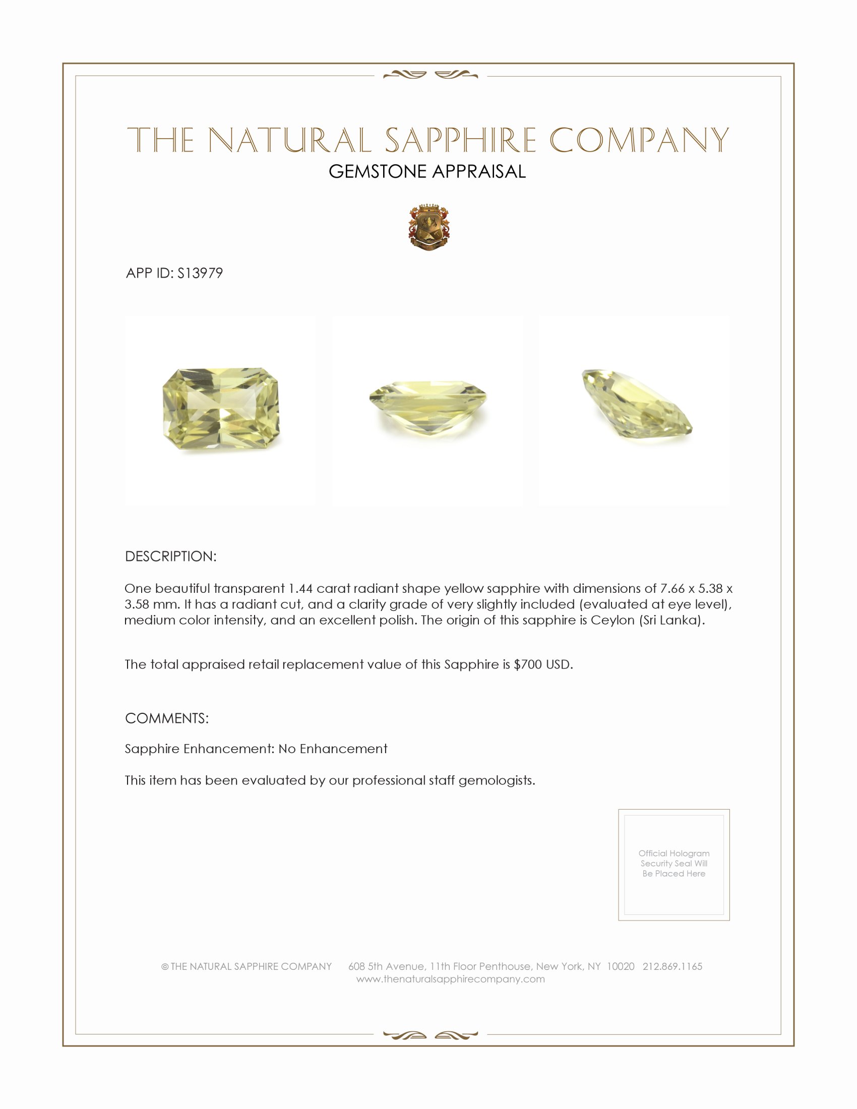 1.44 Ct. Yellow Sapphire from Ceylon (Sri Lanka)