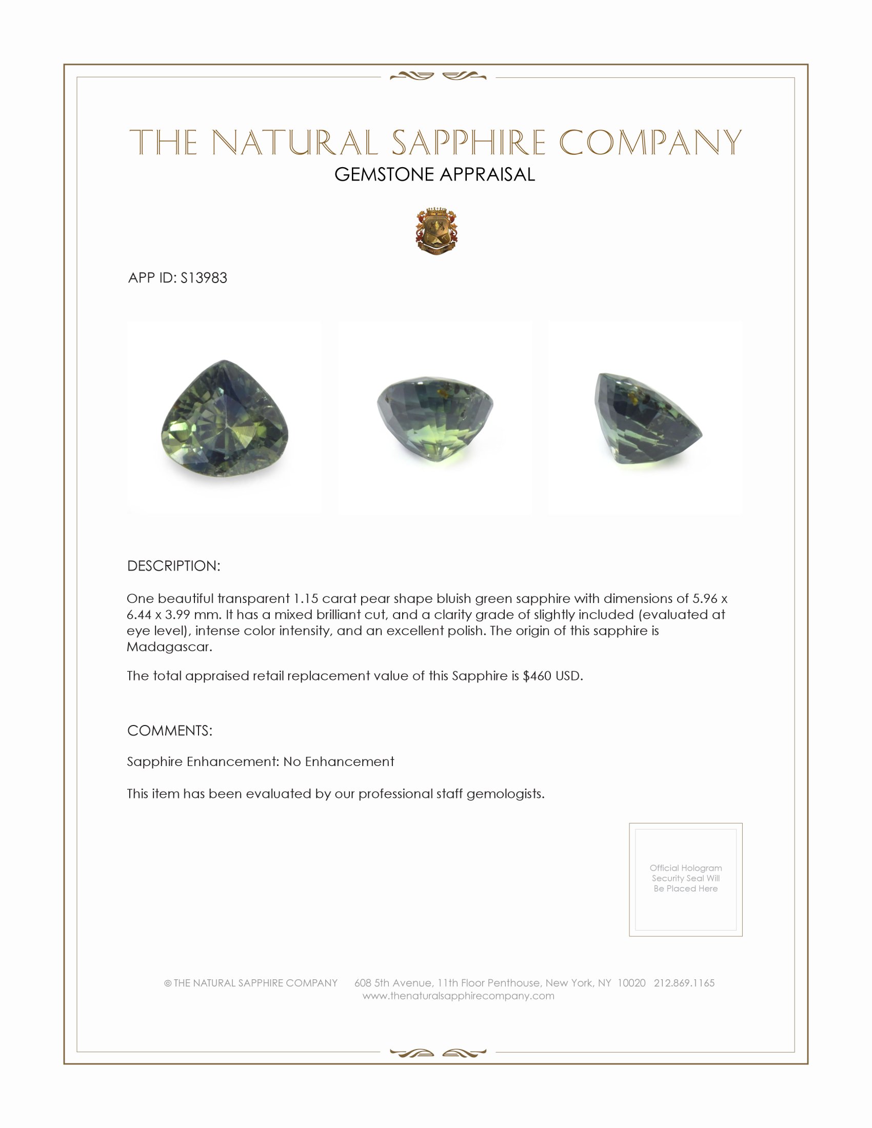 1.15 Ct. Bluish Green Sapphire from Madagascar