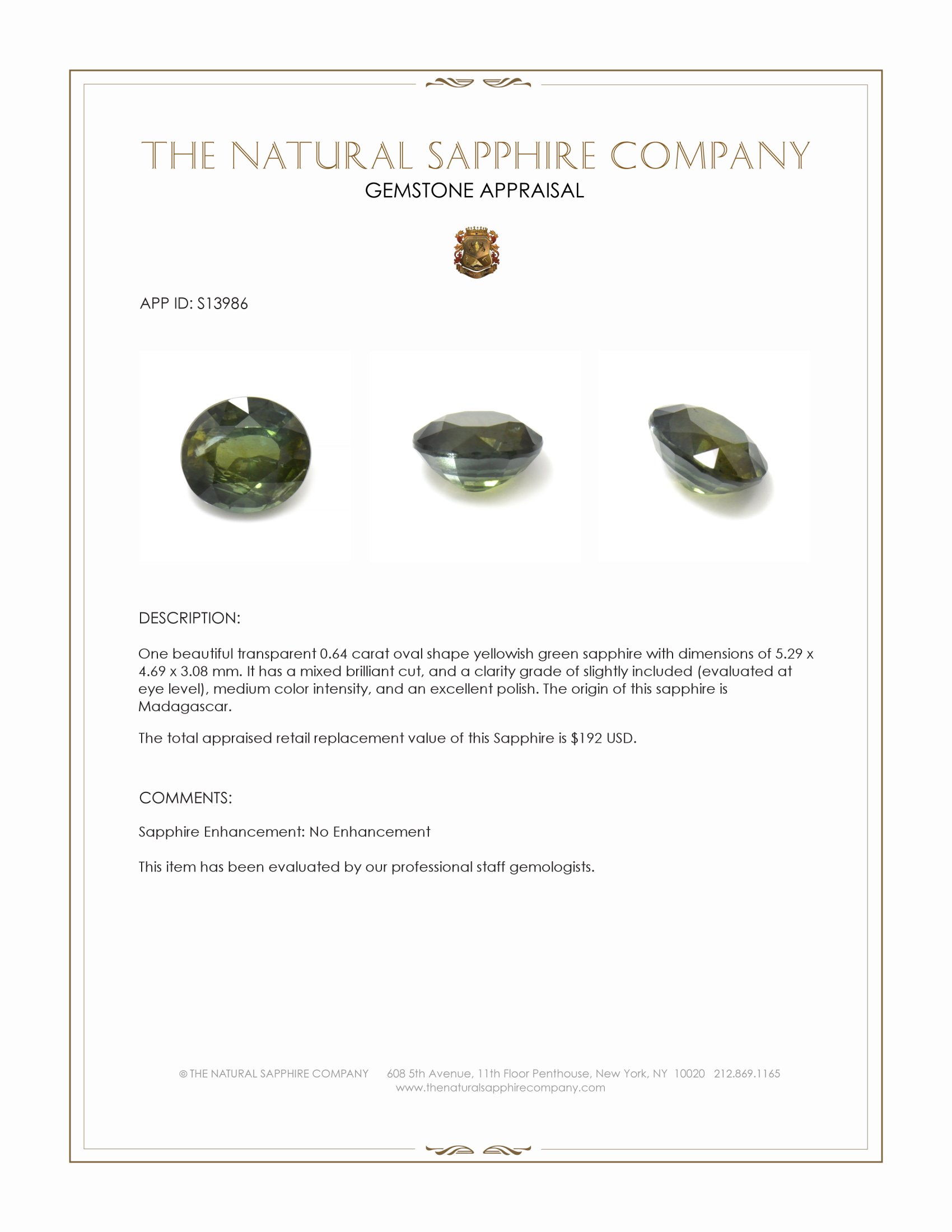 0.64 Ct. Yellowish Green Sapphire from Madagascar