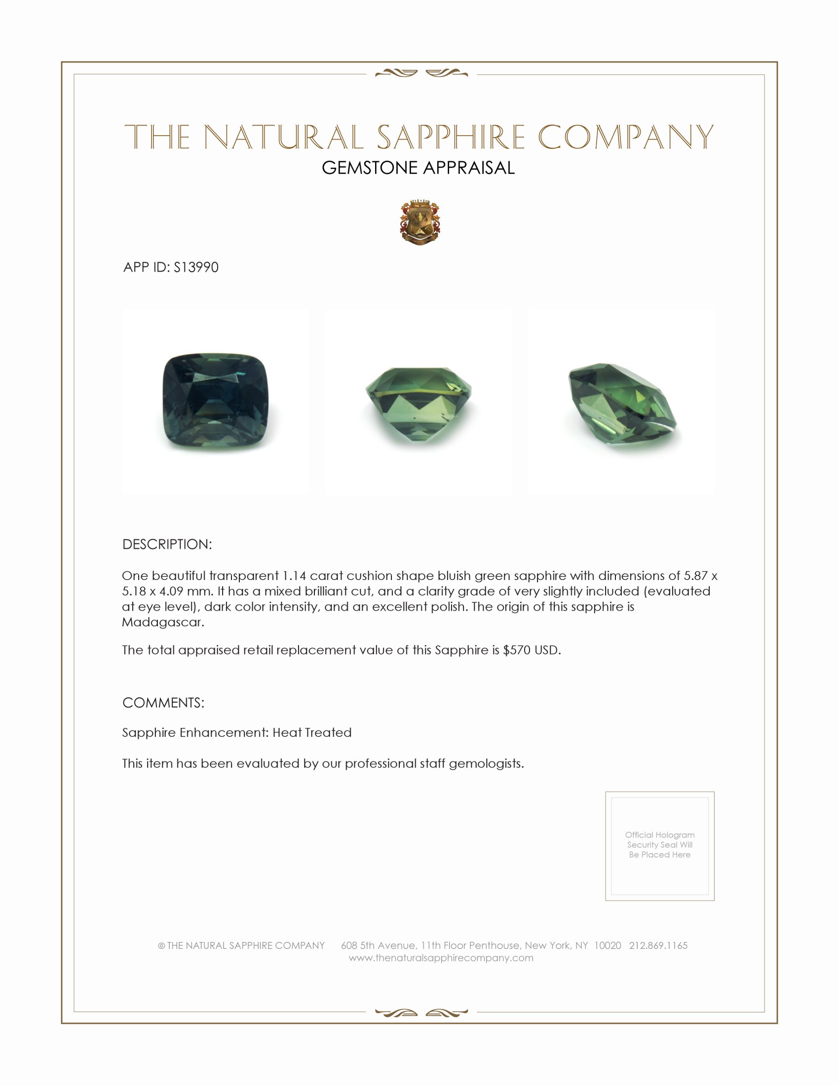 1.14 Ct. Bluish Green Sapphire from Madagascar