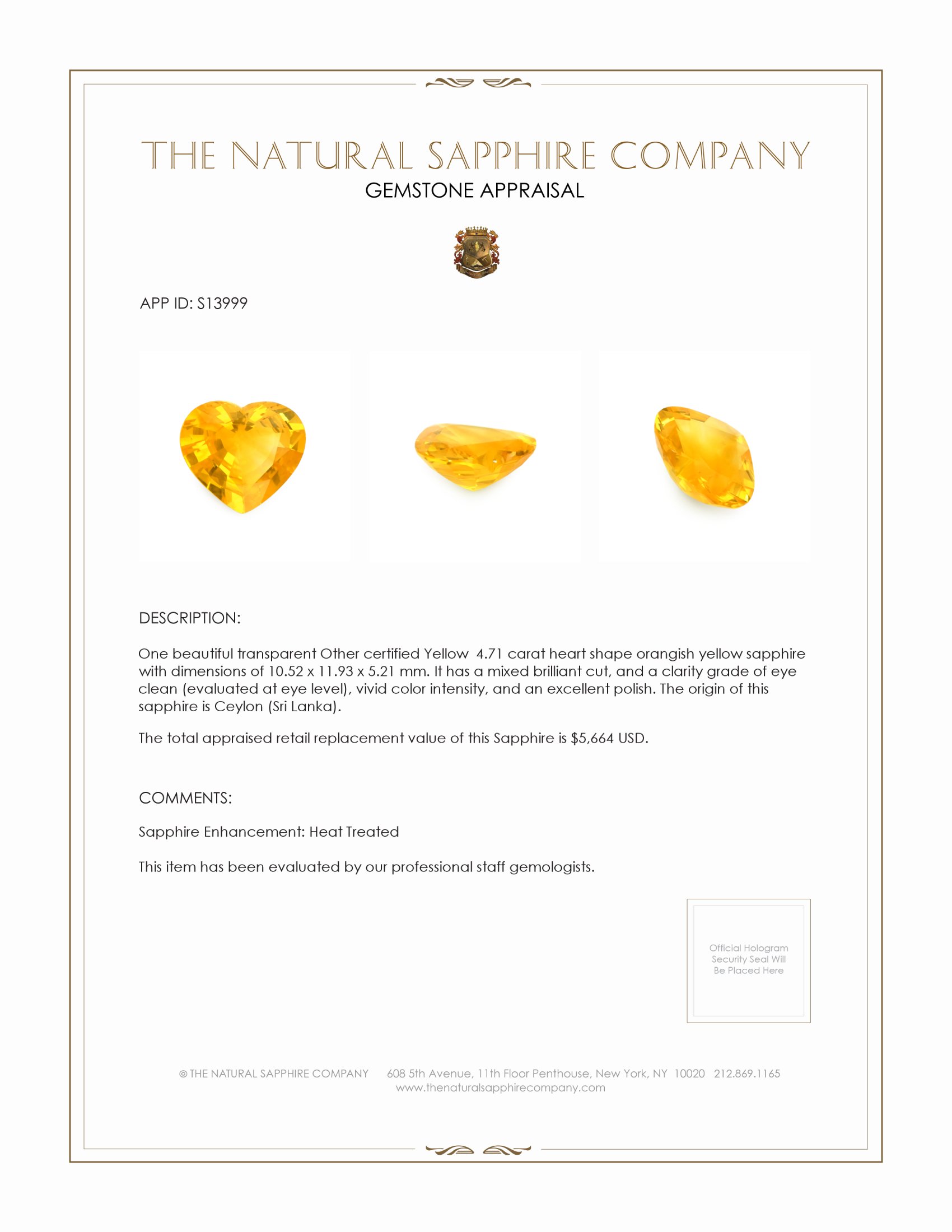 4.71 Ct. Orangish Yellow Sapphire from Ceylon (Sri Lanka)