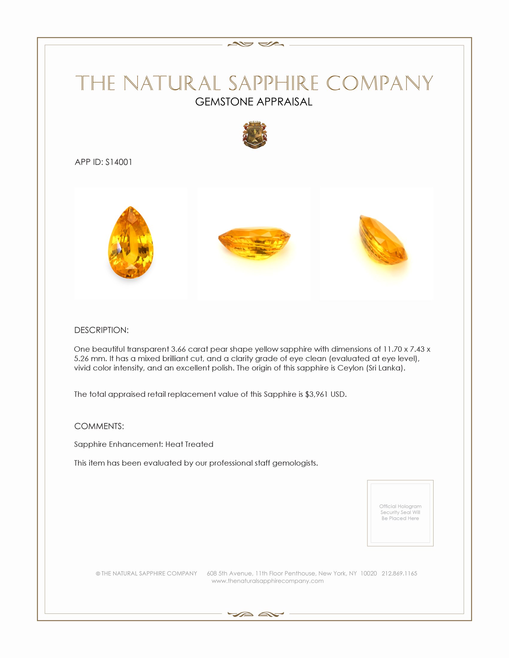 3.66 Ct. Yellow Sapphire from Ceylon (Sri Lanka)