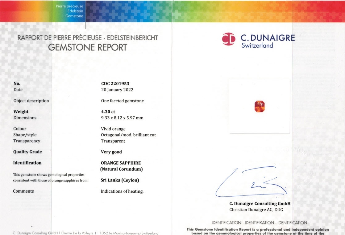 4.30 Ct. Orange Sapphire from Ceylon (Sri Lanka)