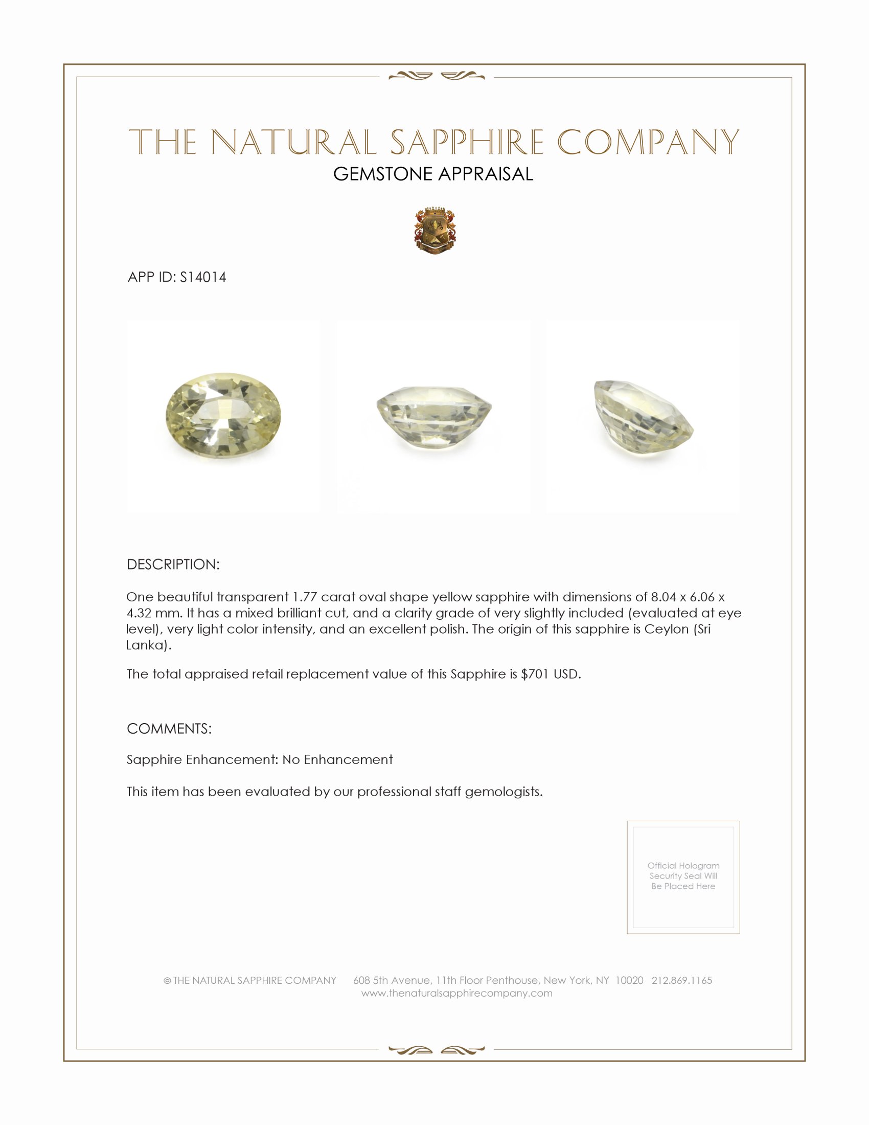 1.77 Ct. Yellow Sapphire from Ceylon (Sri Lanka)