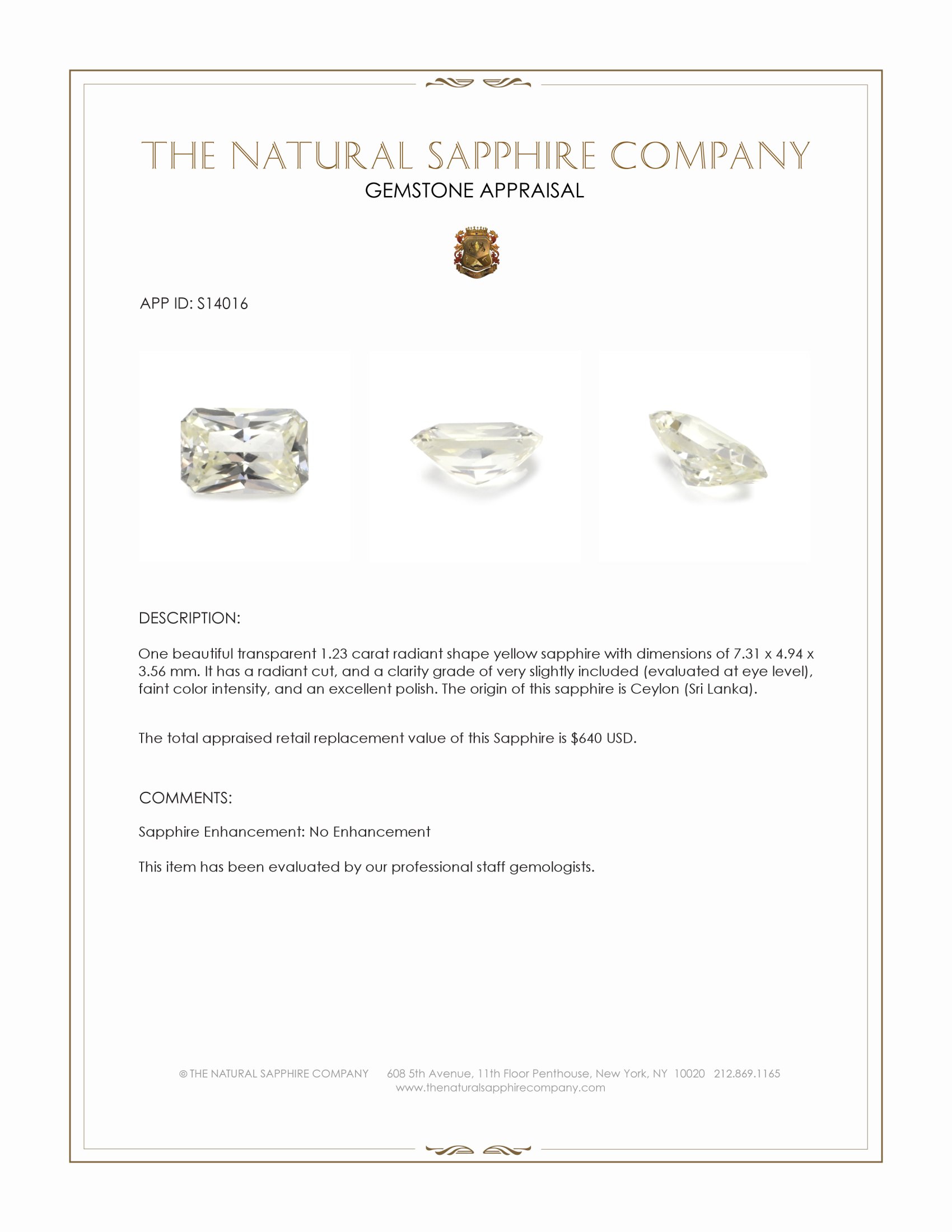 1.23 Ct. Yellow Sapphire from Ceylon (Sri Lanka)