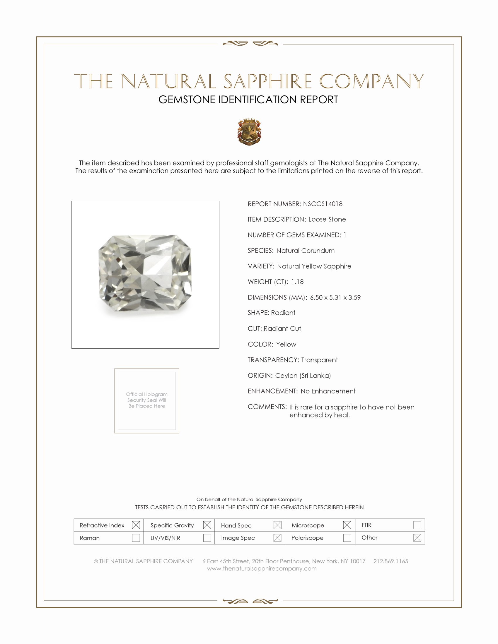 1.18 Ct. Yellow Sapphire from Ceylon (Sri Lanka)