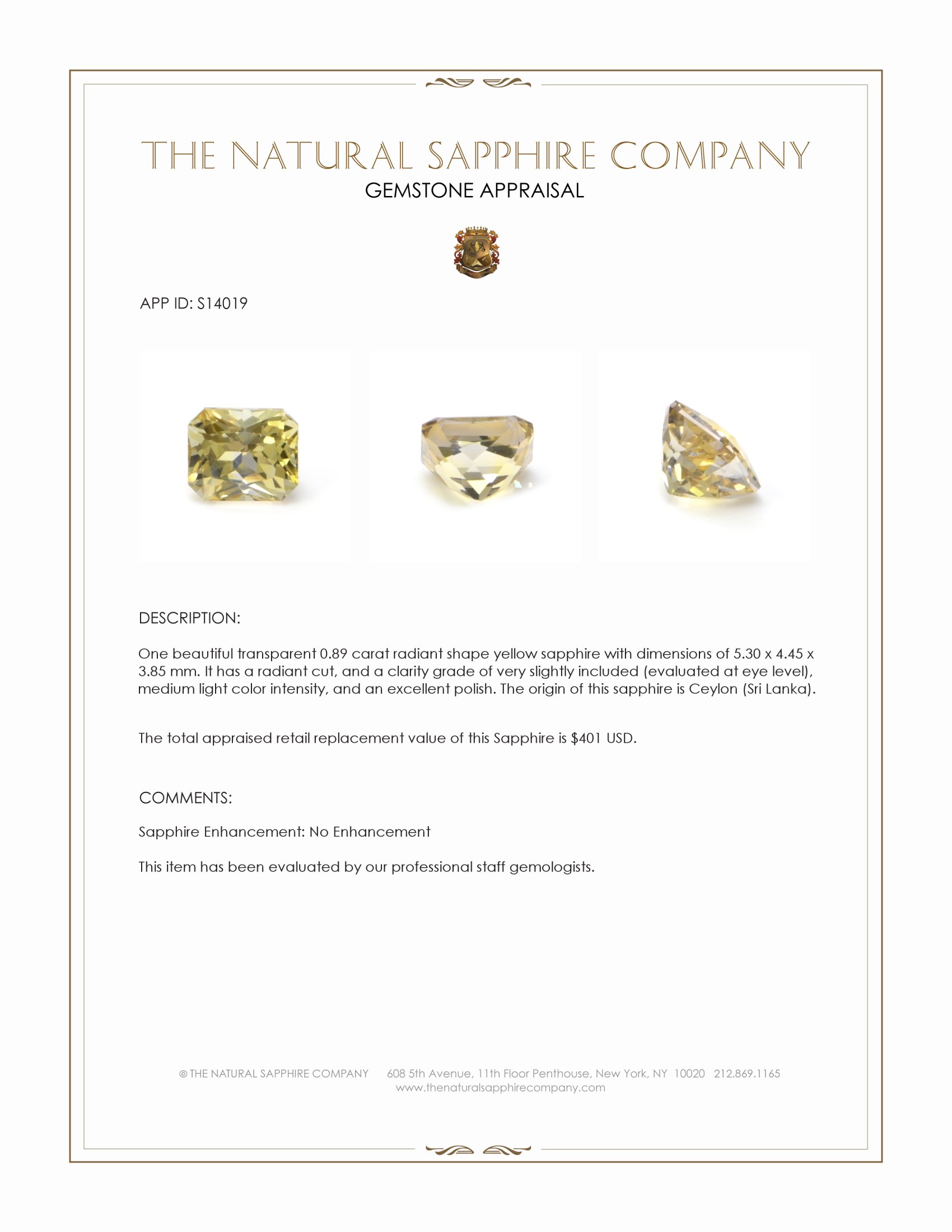 0.89 Ct. Yellow Sapphire from Ceylon (Sri Lanka)