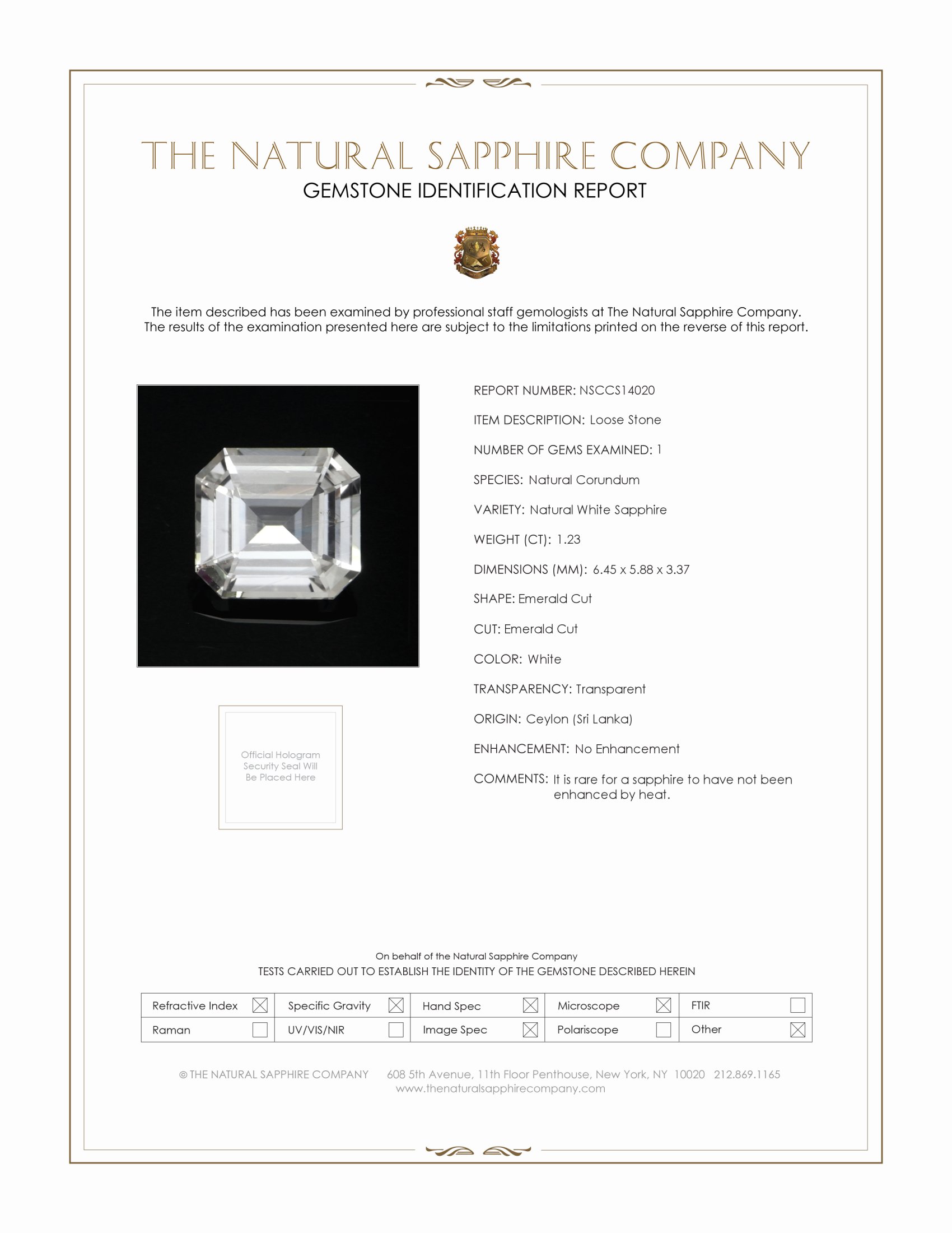 1.23 Ct. White Sapphire from Ceylon (Sri Lanka)