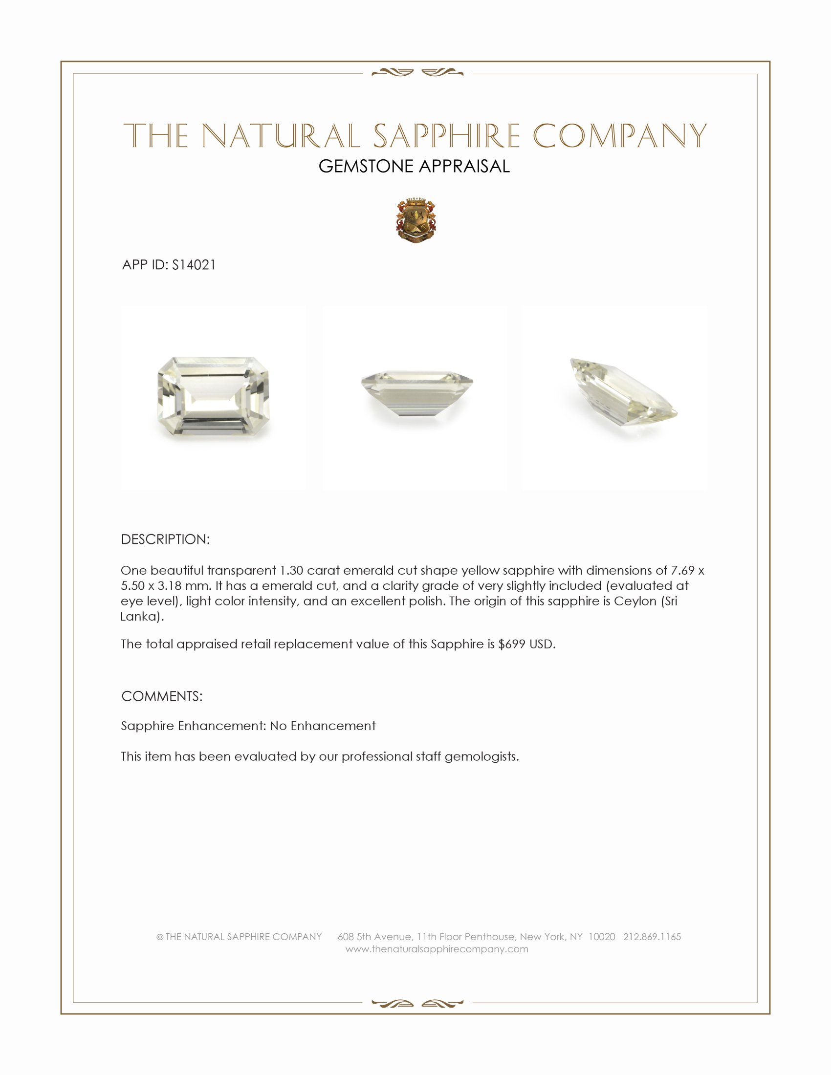 1.30 Ct. Yellow Sapphire from Ceylon (Sri Lanka)