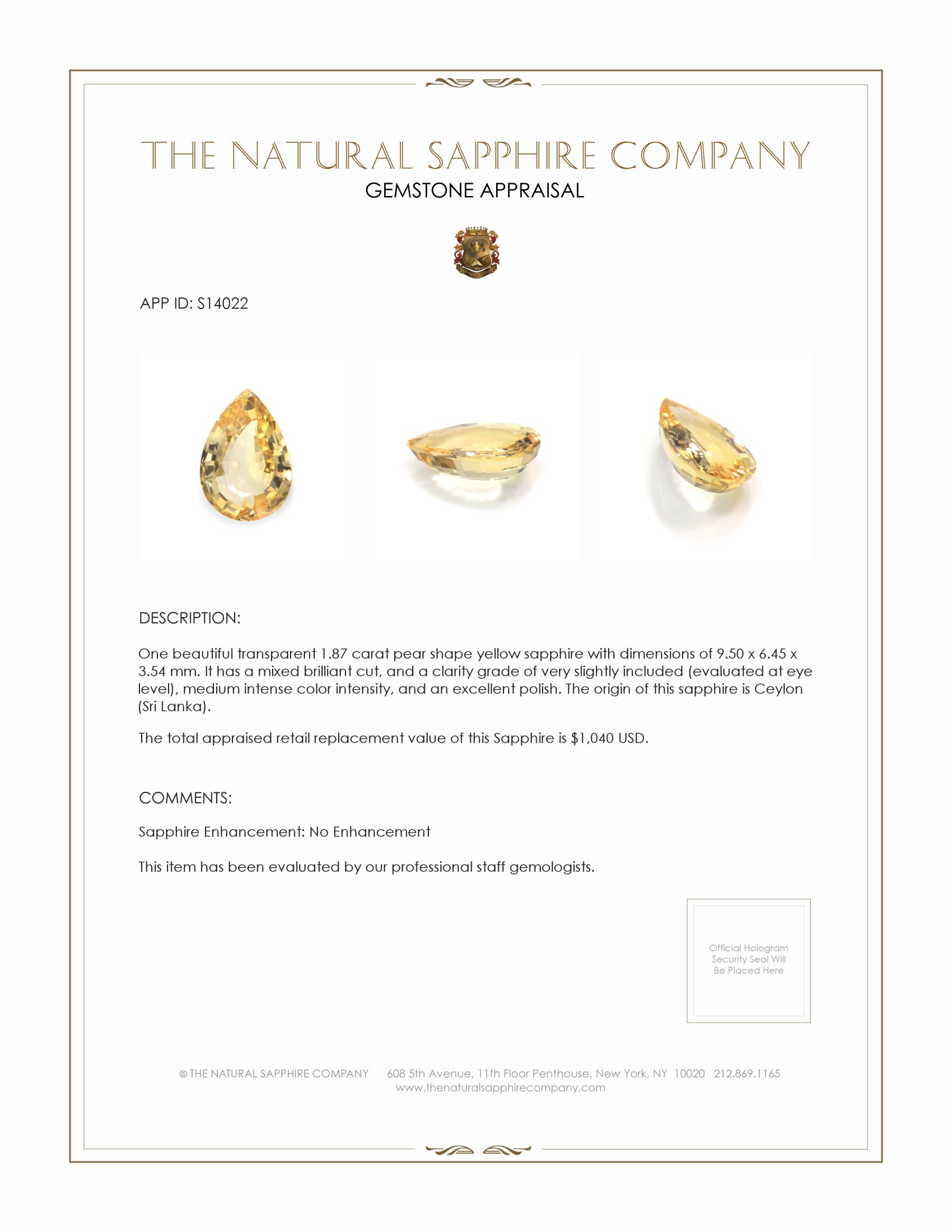 1.87 Ct. Yellow Sapphire from Ceylon (Sri Lanka)