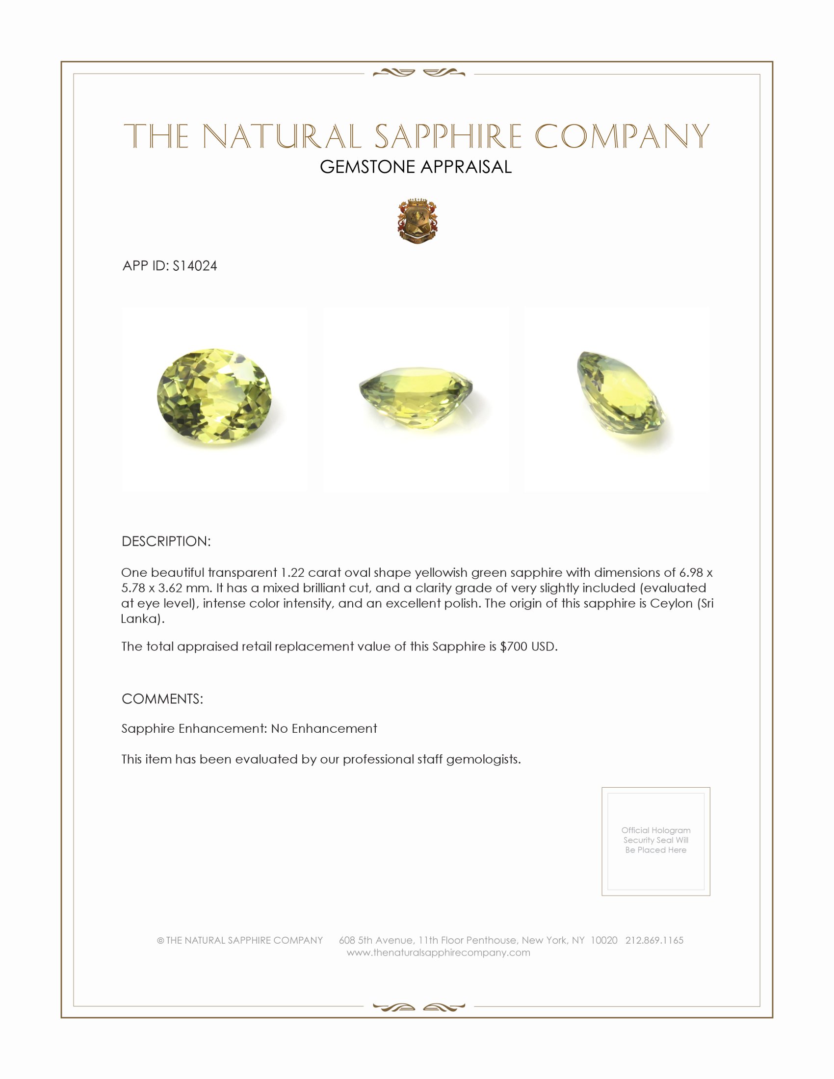 1.22 Ct. Yellowish Green Sapphire from Ceylon (Sri Lanka)