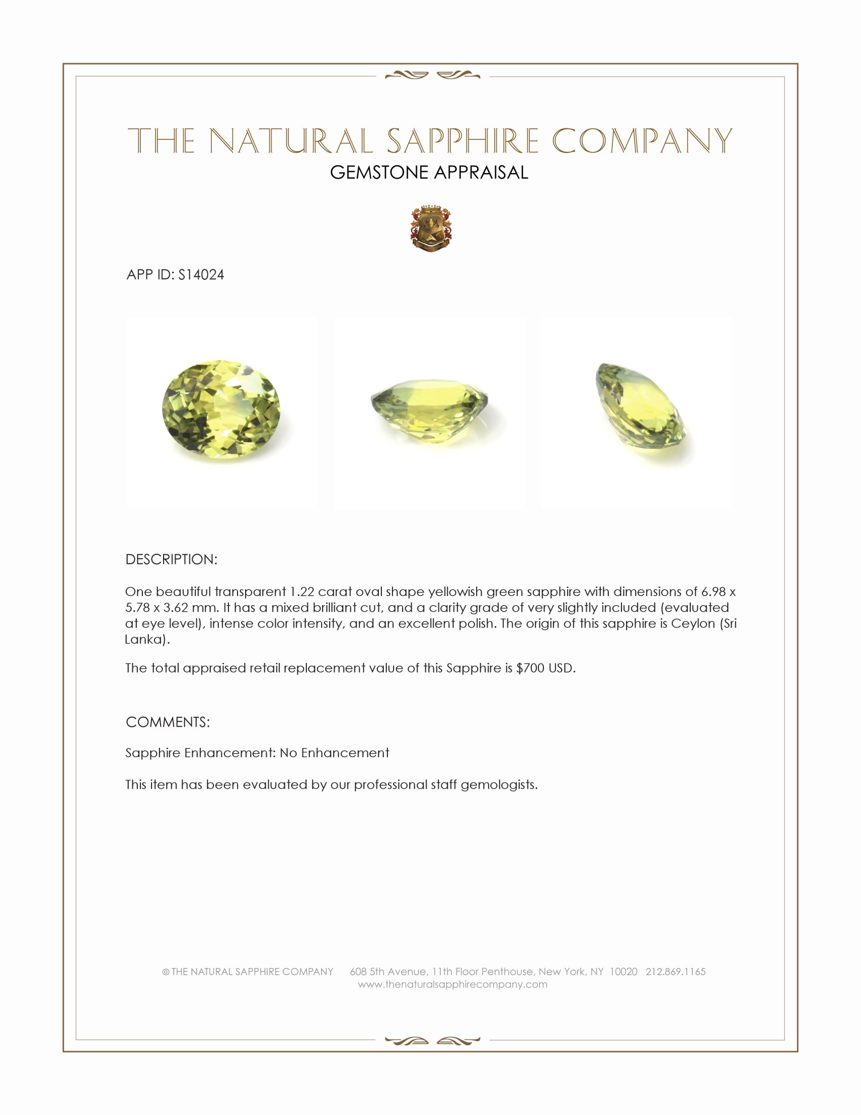 1.22 Ct. Yellowish Green Sapphire from Ceylon (Sri Lanka)