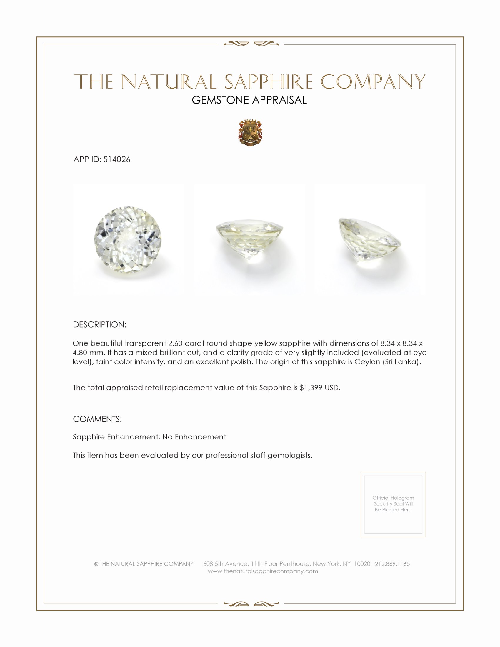 2.60 Ct. Yellow Sapphire from Ceylon (Sri Lanka)