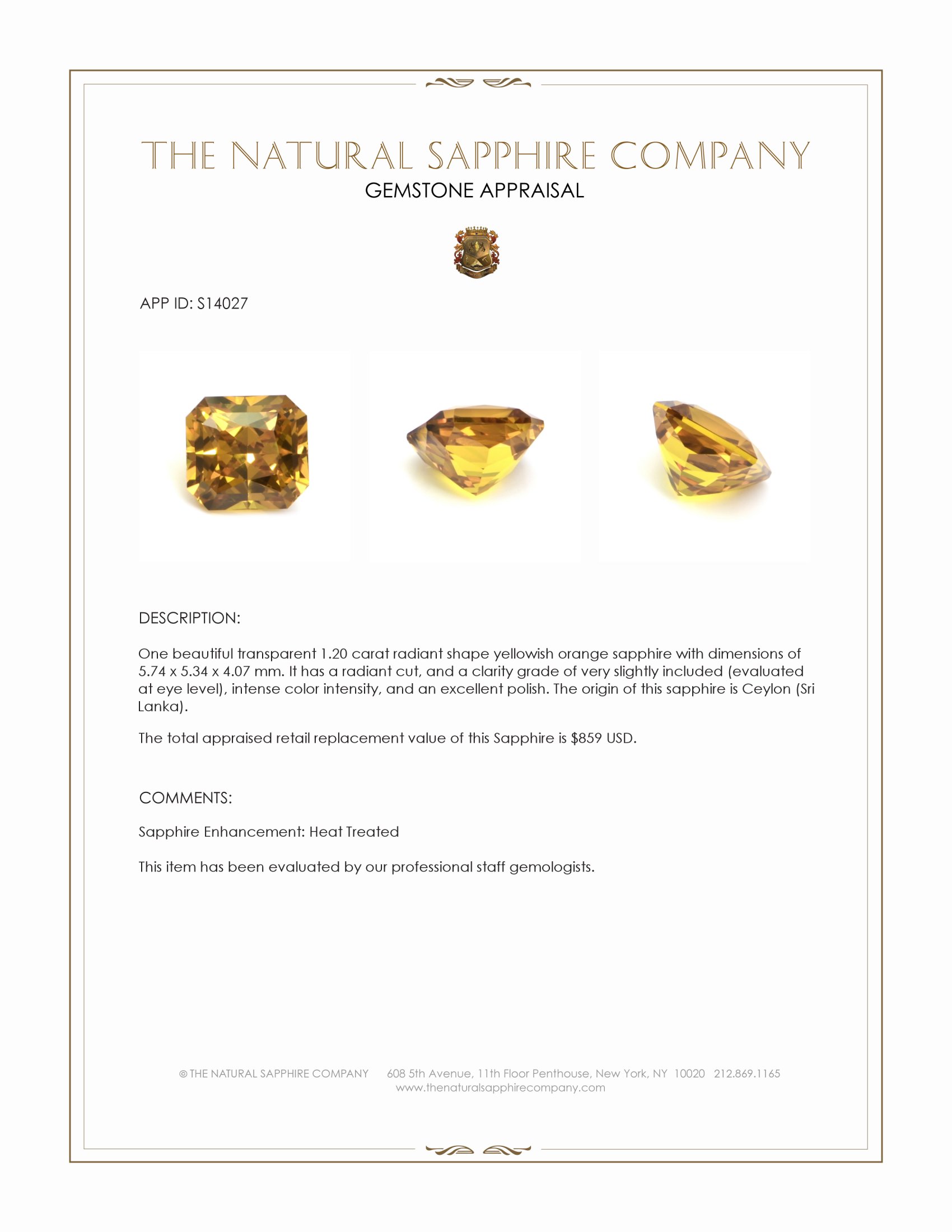 1.20 Ct. Yellowish Orange Sapphire from Ceylon (Sri Lanka)