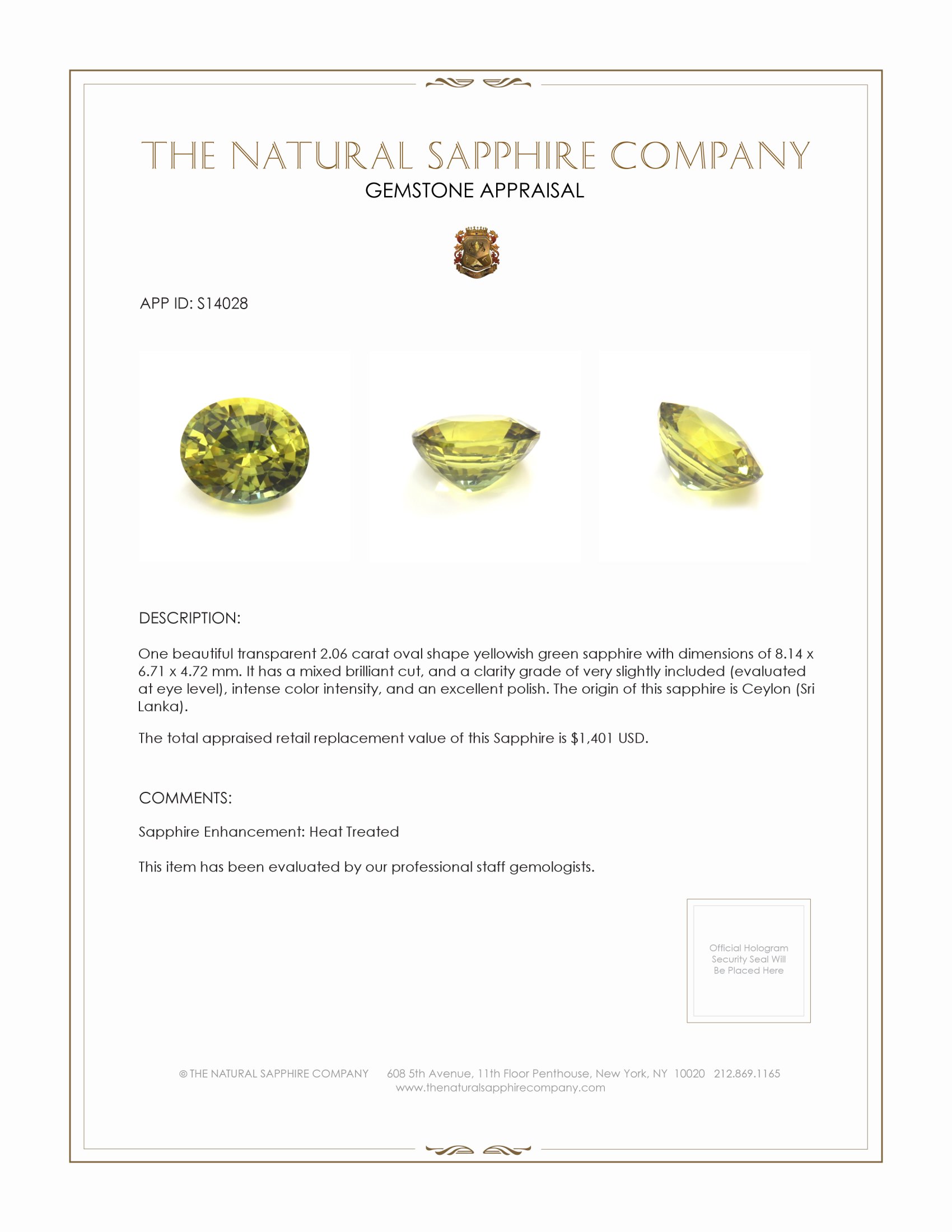 2.06 Ct. Yellowish Green Sapphire from Ceylon (Sri Lanka)